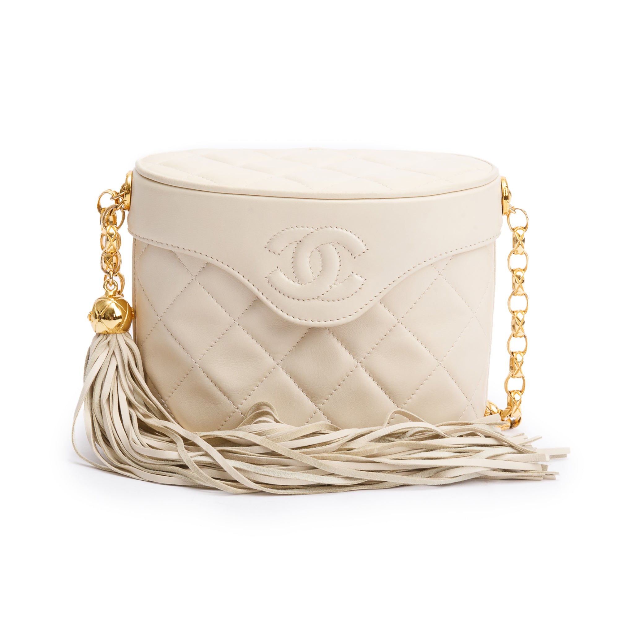 Chanel Vintage Beige Quilted Lambskin Leather Tassel Vanity Case on Chain w/ Box & Authenticity Card