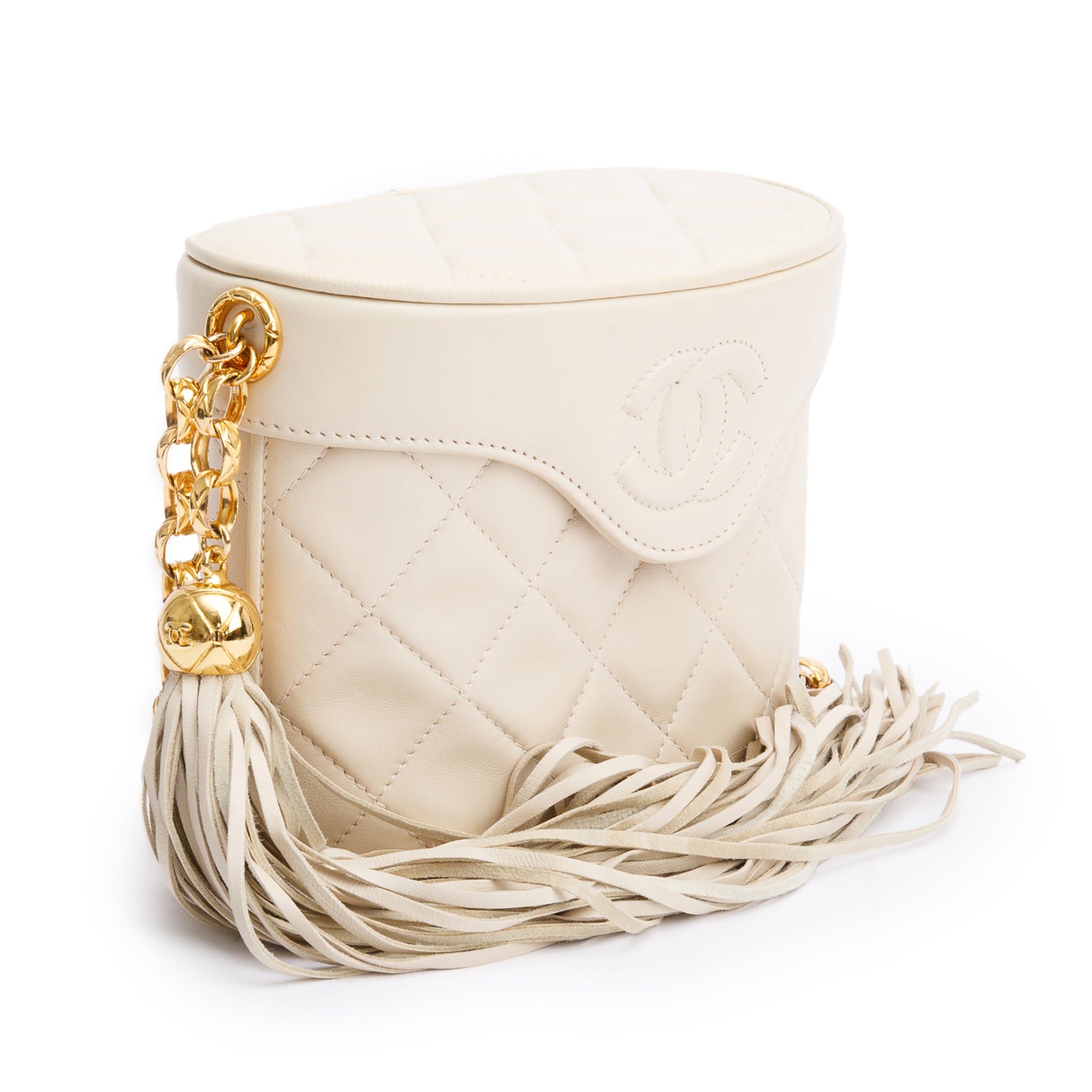 Chanel Vintage Beige Quilted Lambskin Leather Tassel Vanity Case on Chain w/ Box & Authenticity Card