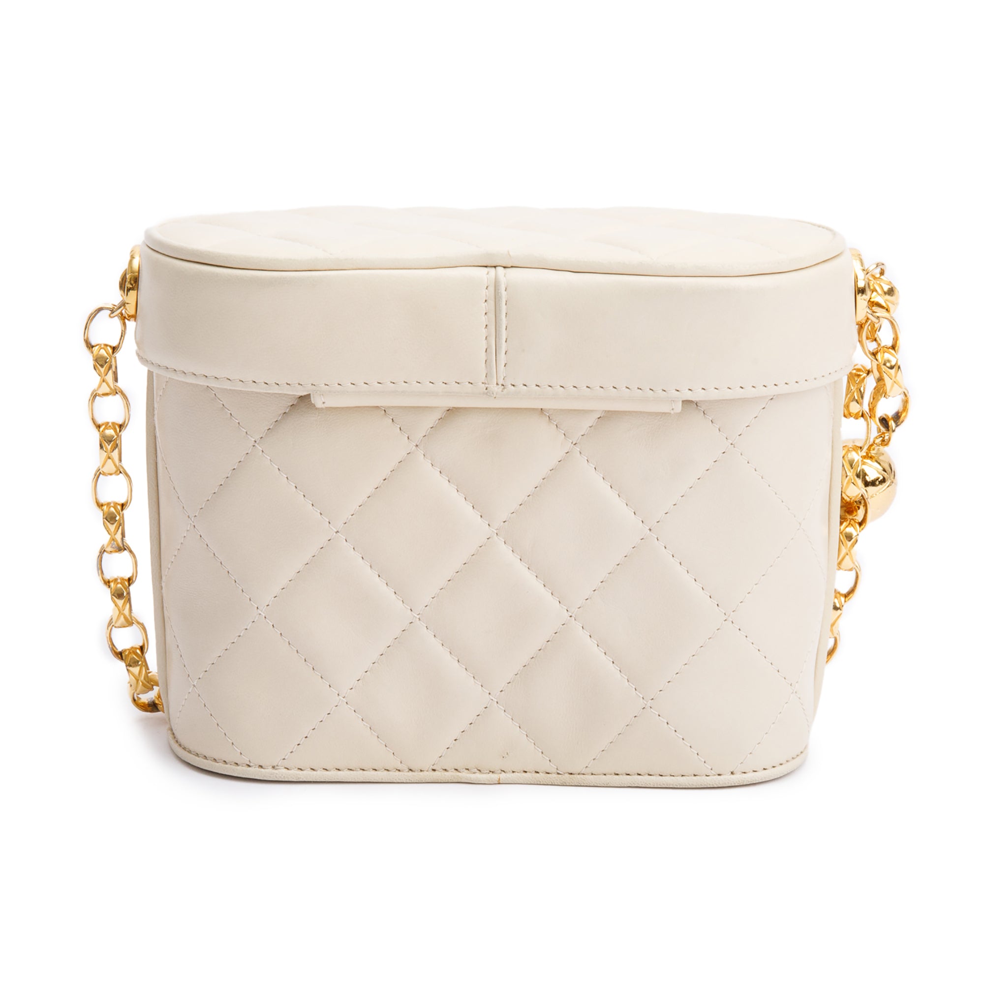 Chanel Vintage Beige Quilted Lambskin Leather Tassel Vanity Case on Chain w/ Box & Authenticity Card