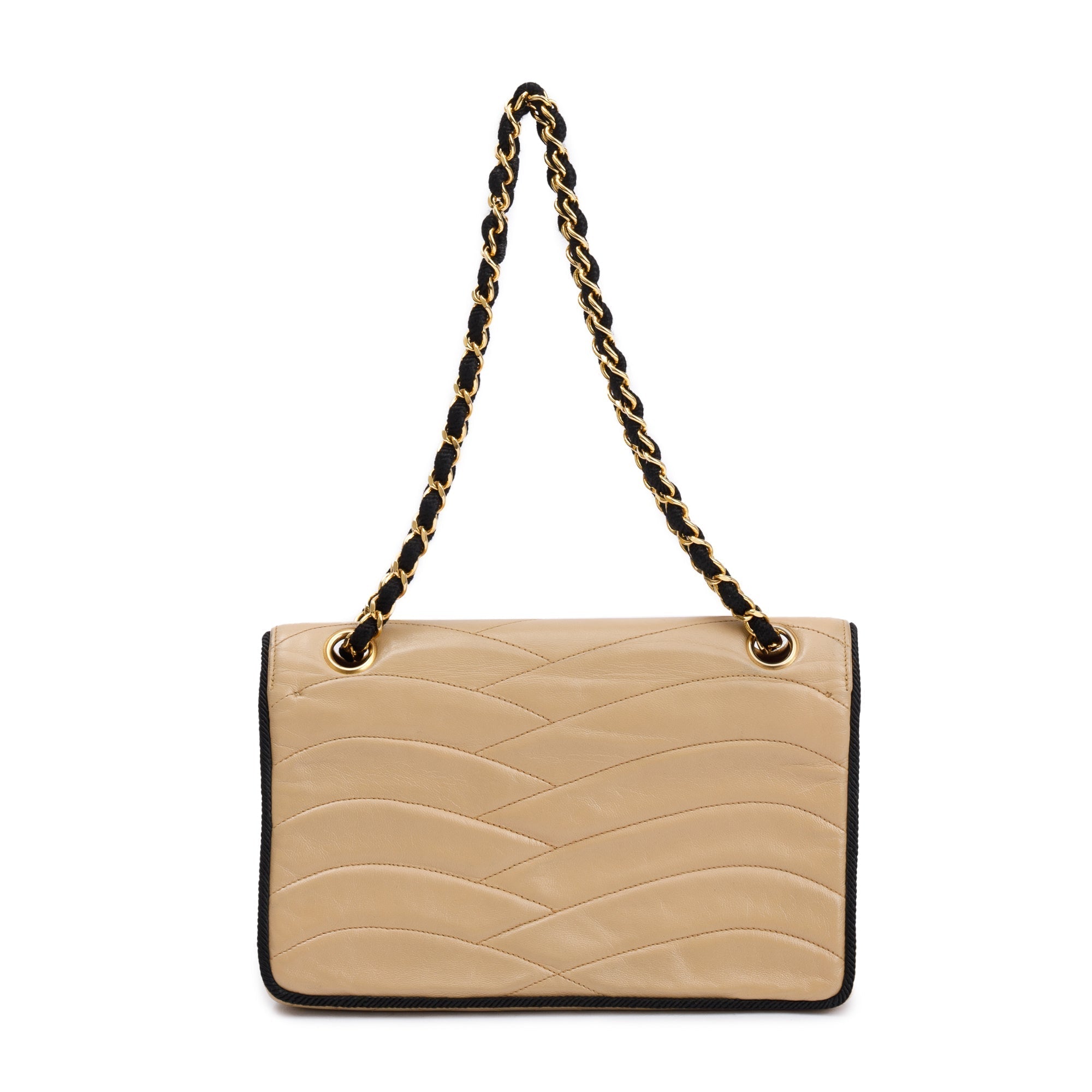 Chanel Vintage Beige Wave Quilted Lambskin Leather Small Flap Bag w/ Authenticity Card