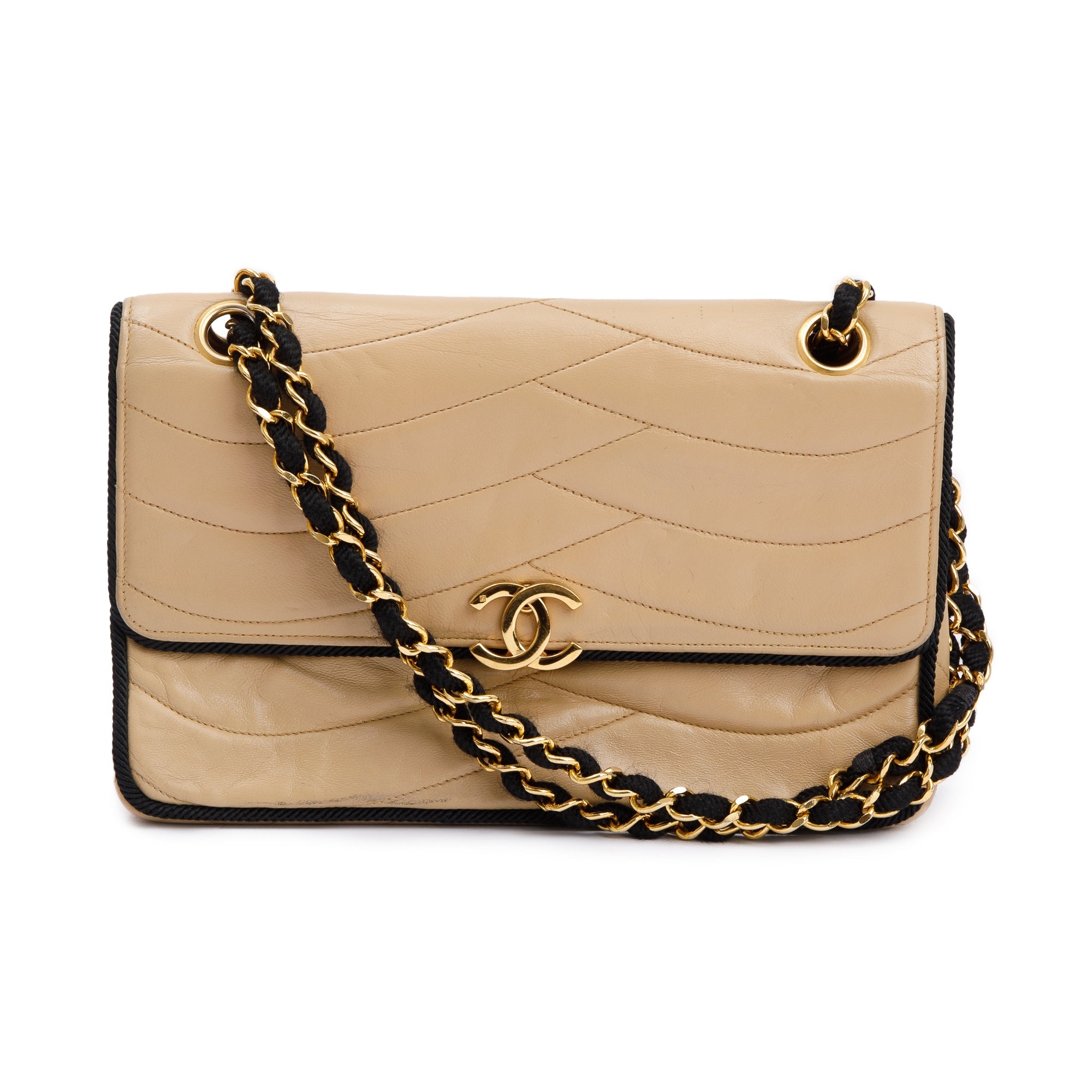Chanel Vintage Beige Wave Quilted Lambskin Leather Small Flap Bag w/ Authenticity Card
