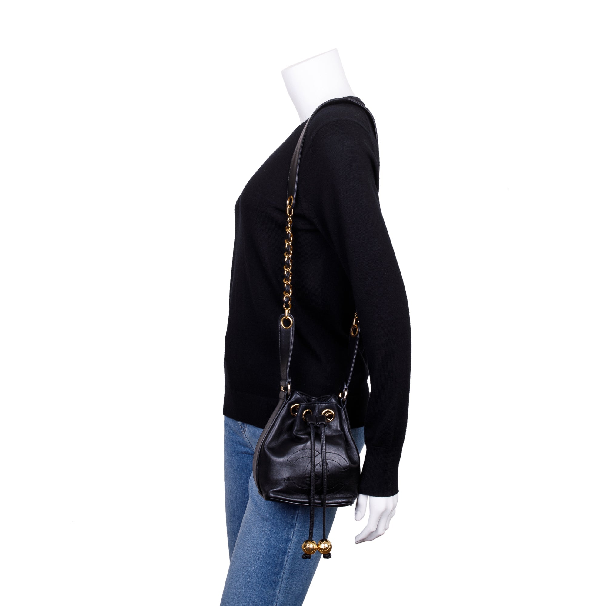 Chanel Vintage Black Calfskin Mini Bucket Bag w/ Pouch