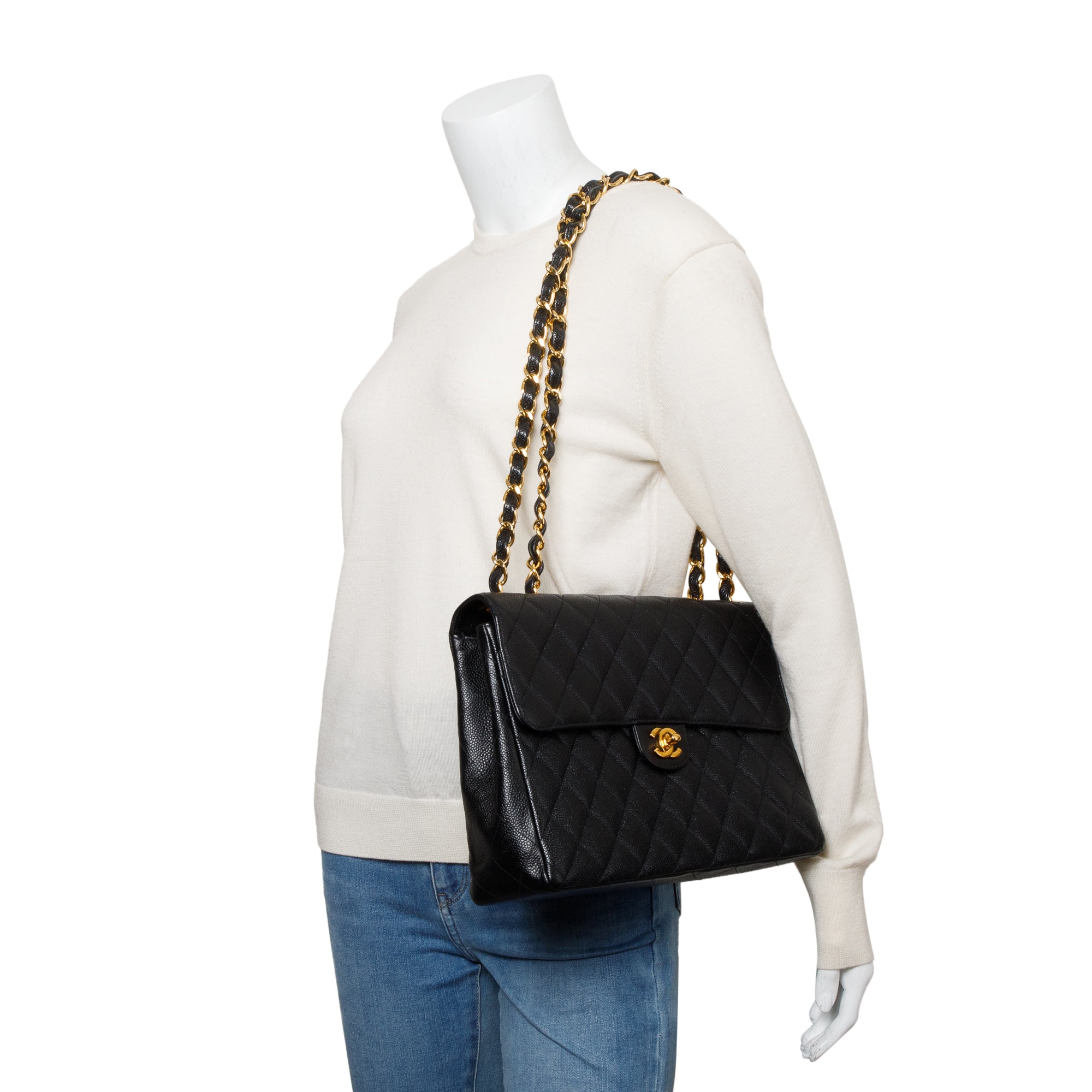 Chanel Vintage Black Caviar Square Classic Jumbo Single Flap Bag w/ Authenticity Card
