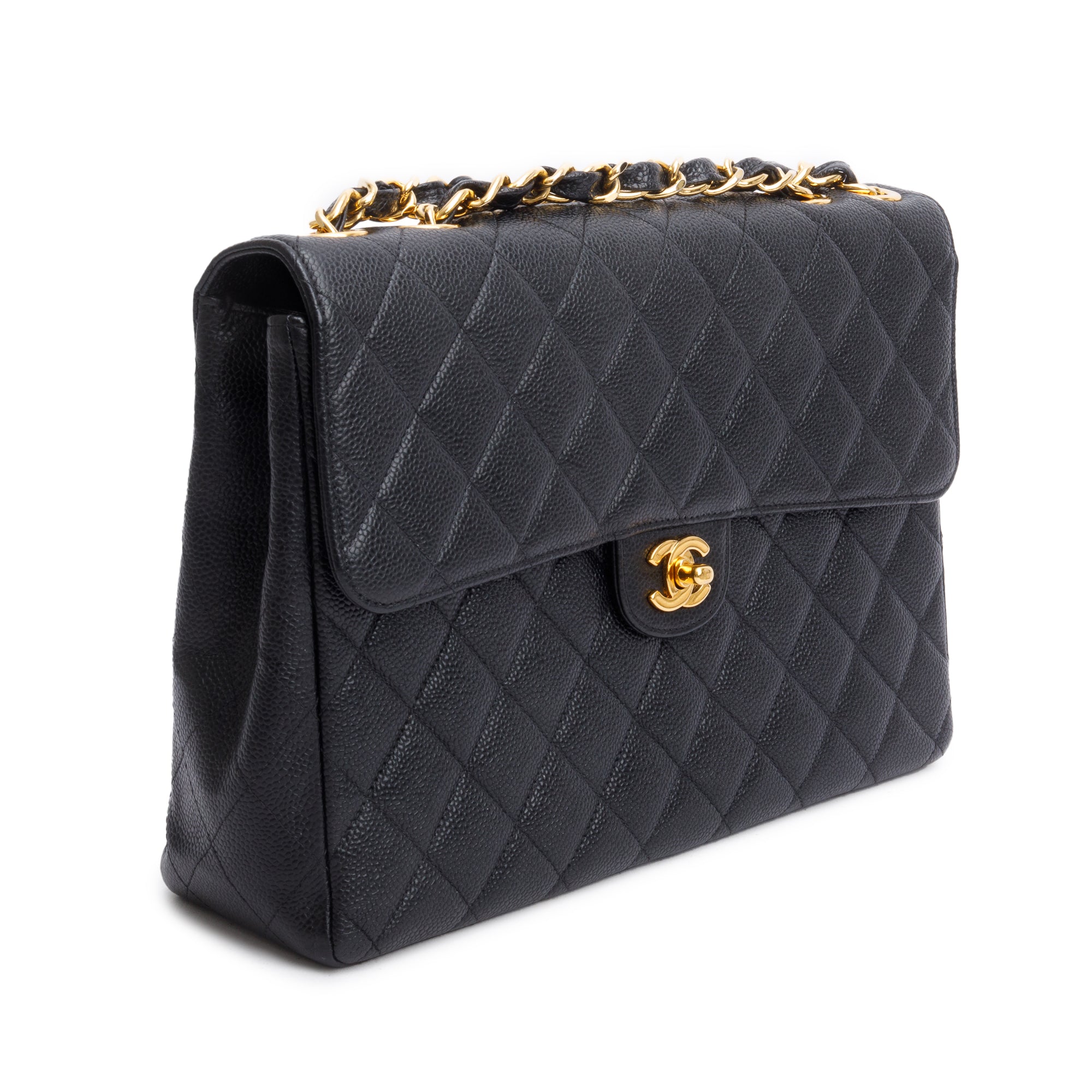 Chanel Vintage Black Caviar Square Classic Jumbo Single Flap Bag w/ Authenticity Card
