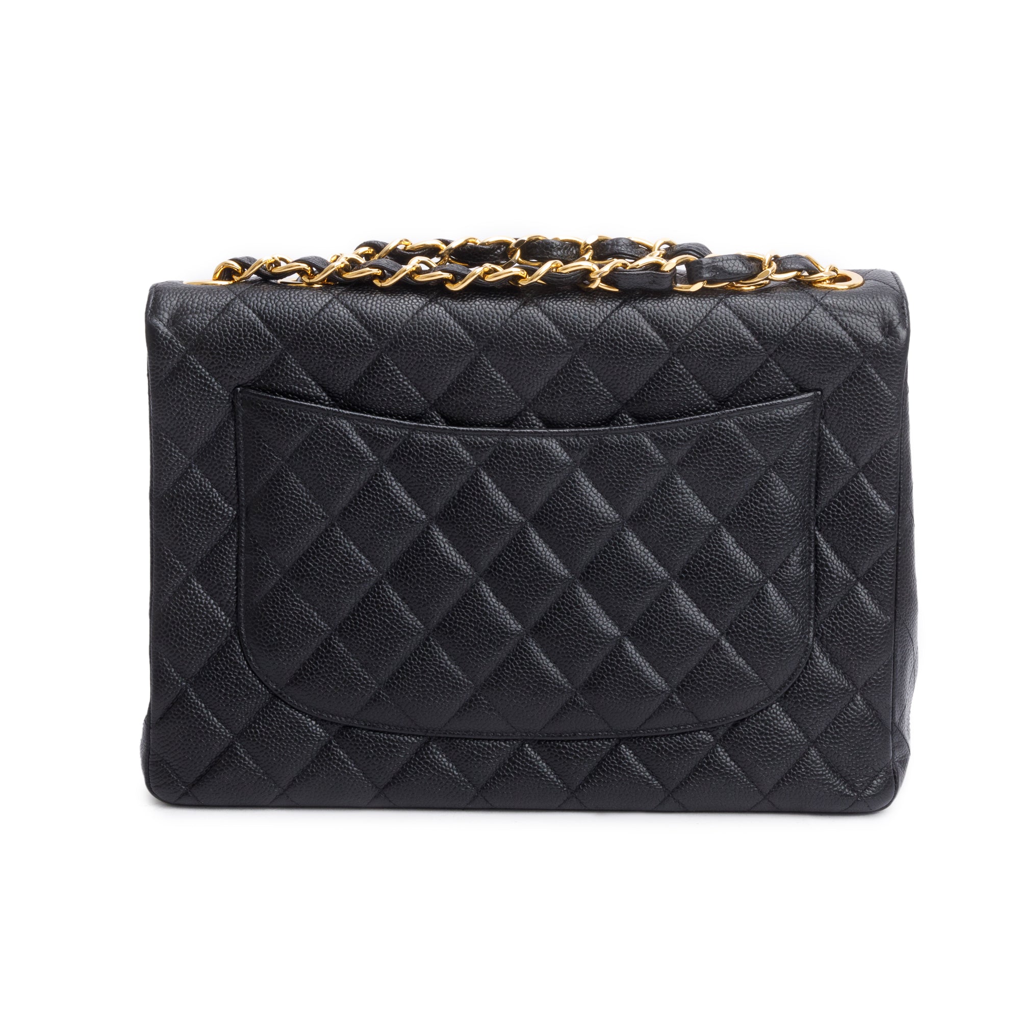 Chanel Vintage Black Caviar Square Classic Jumbo Single Flap Bag w/ Authenticity Card