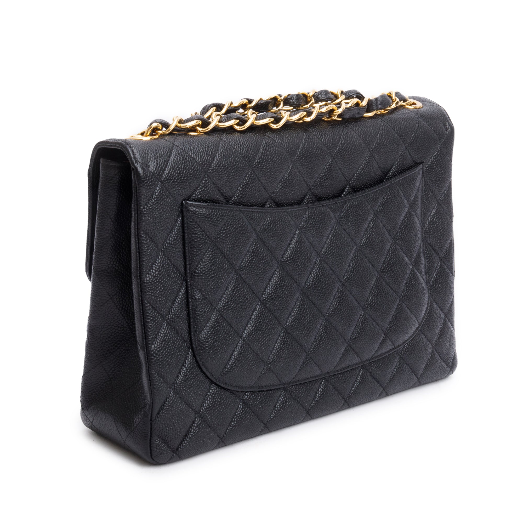 Chanel Vintage Black Caviar Square Classic Jumbo Single Flap Bag w/ Authenticity Card