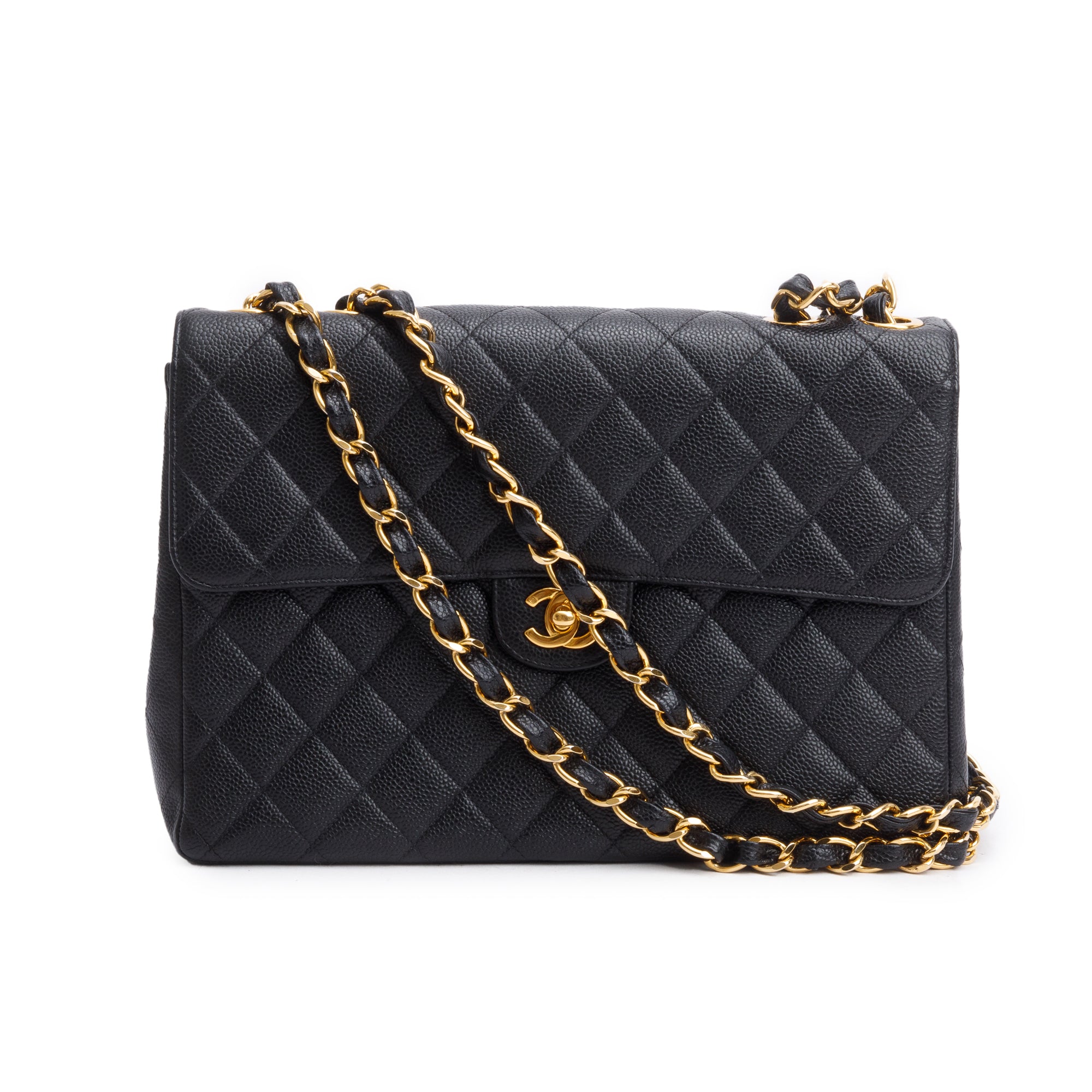 Chanel Vintage Black Caviar Square Classic Jumbo Single Flap Bag w/ Authenticity Card