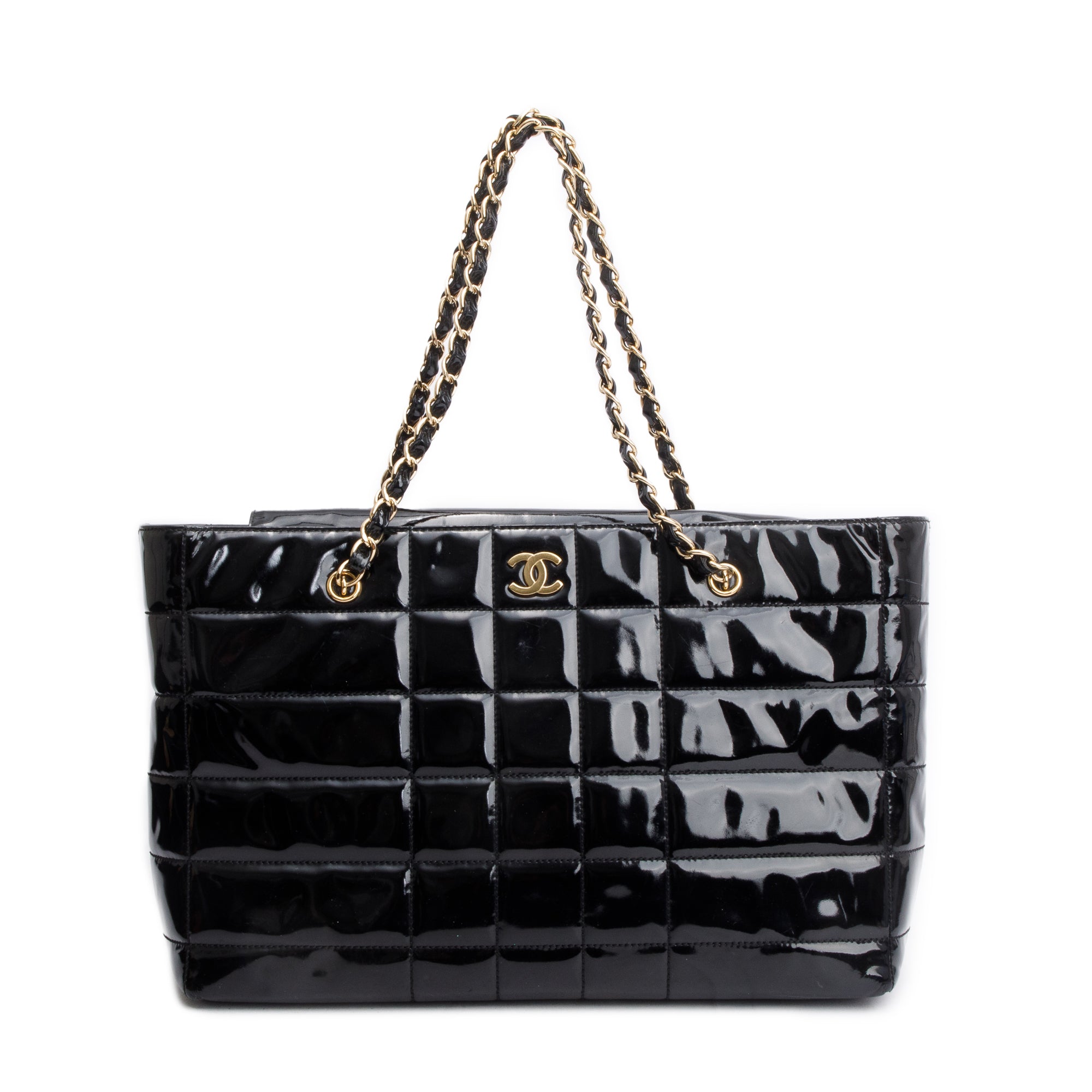 Chanel Vintage Black Chocolate Bar Quilted Patent Leather Tote
