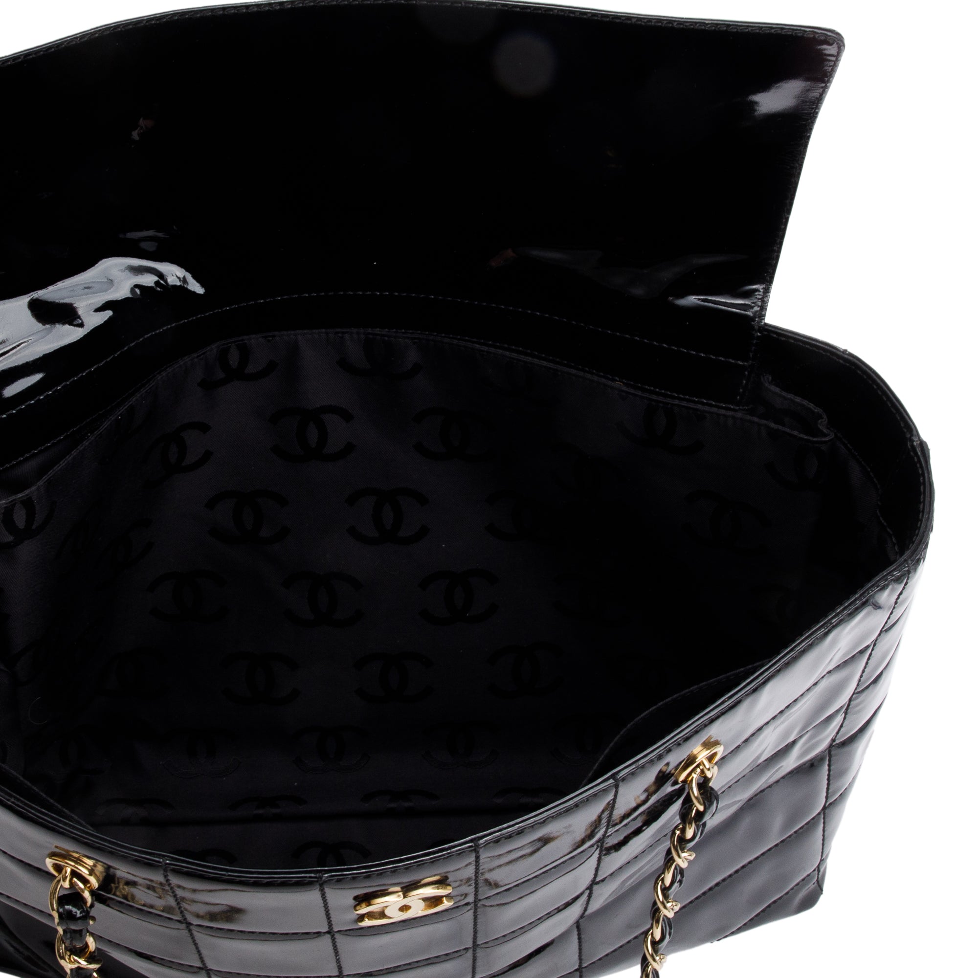 Chanel Vintage Black Chocolate Bar Quilted Patent Leather Tote