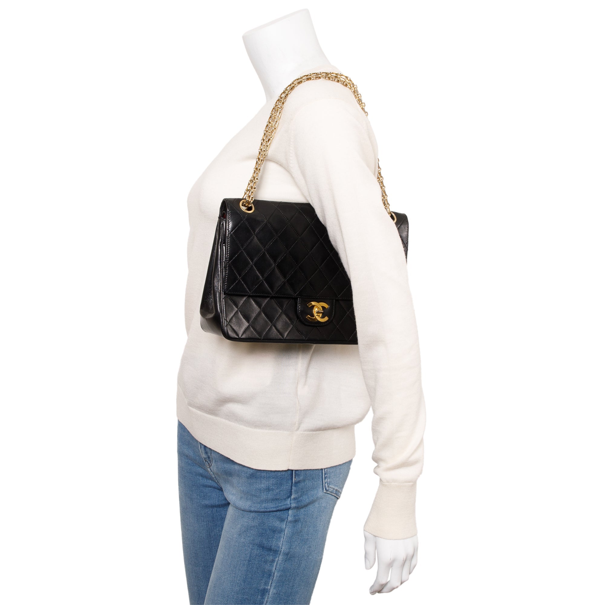 Chanel Vintage Black Lambskin Leather Bijoux Chain Medium Double Flap Bag