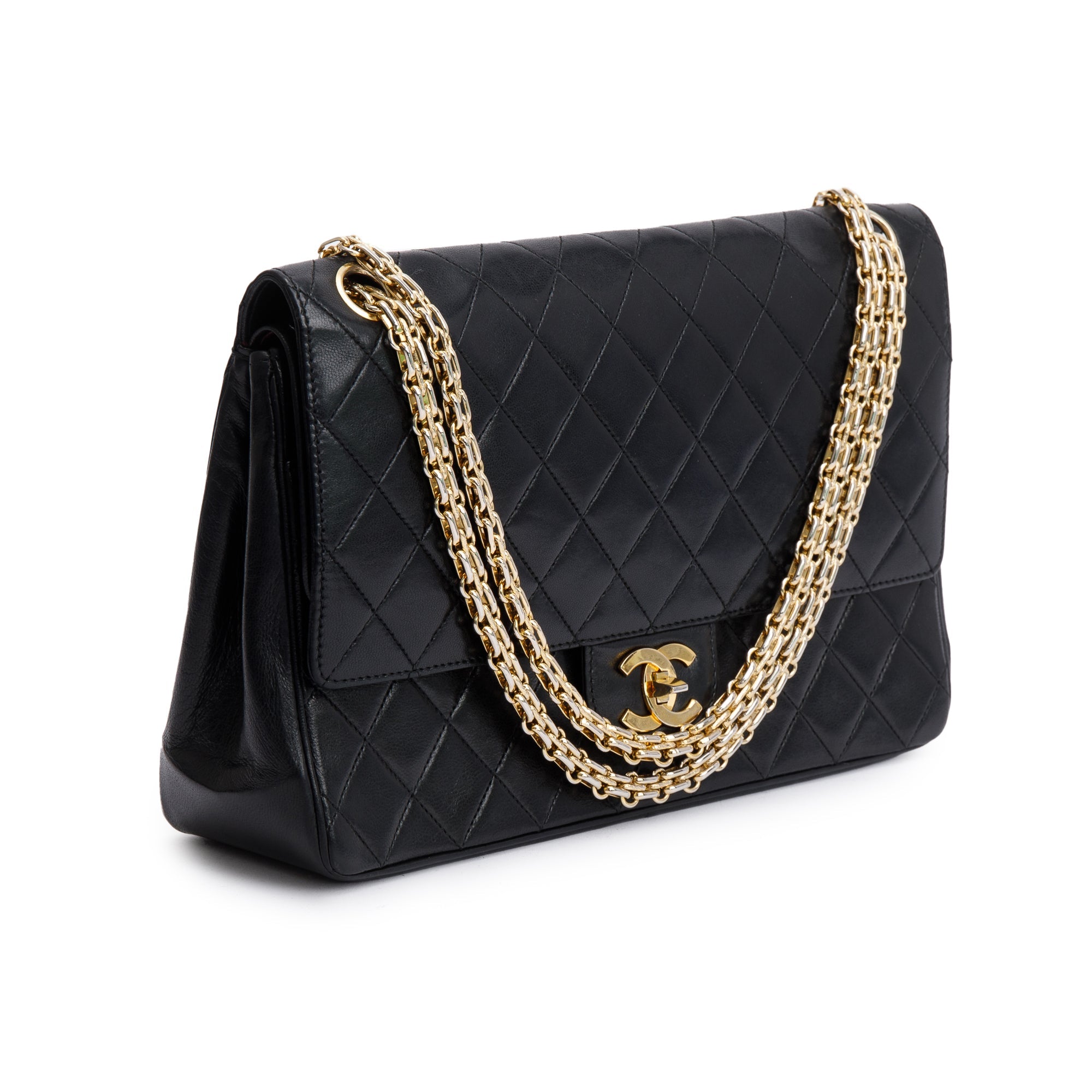 Chanel Vintage Black Lambskin Leather Bijoux Chain Medium Double Flap Bag