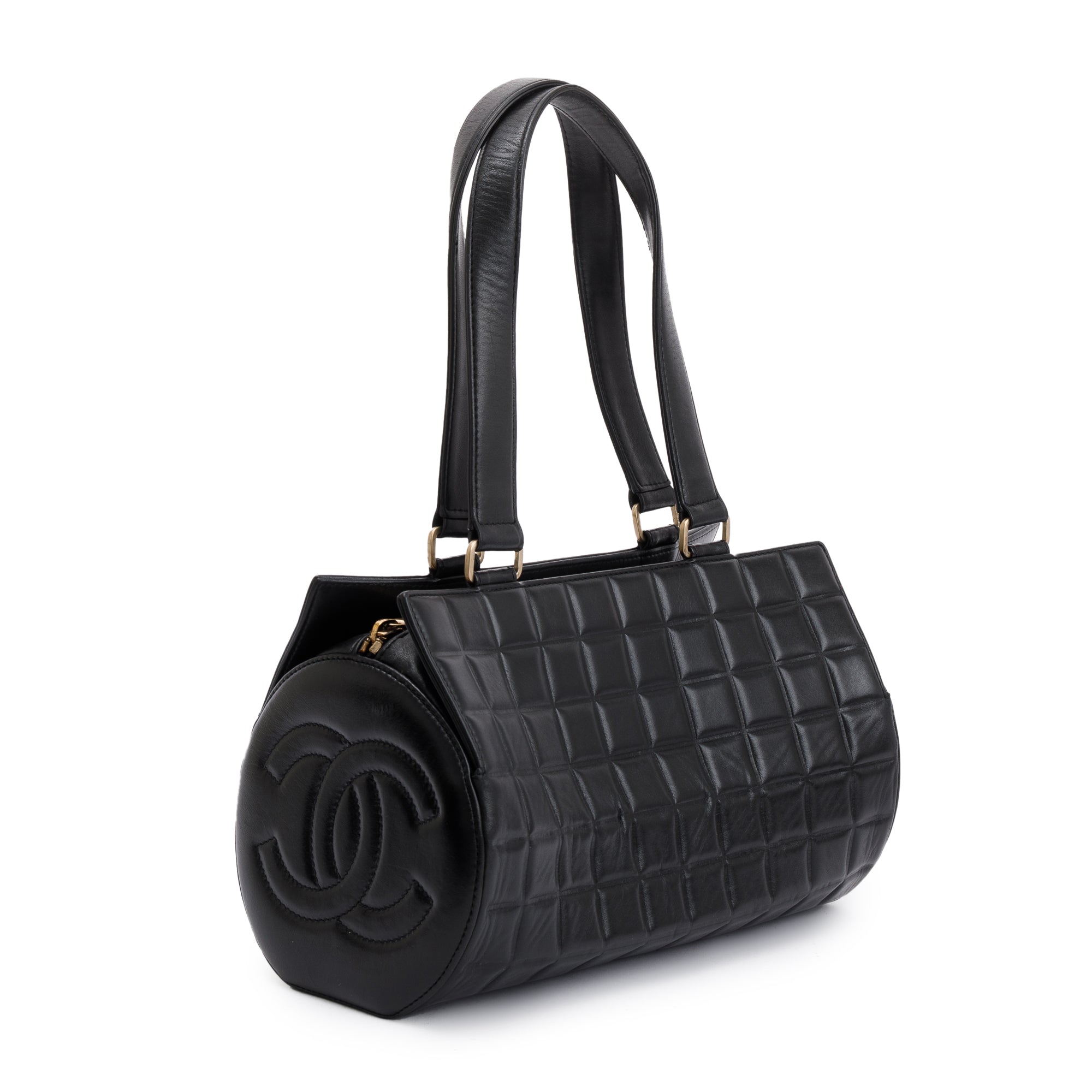 Chanel Vintage Black Lambskin Leather Chocolate Bar Barrel Bag