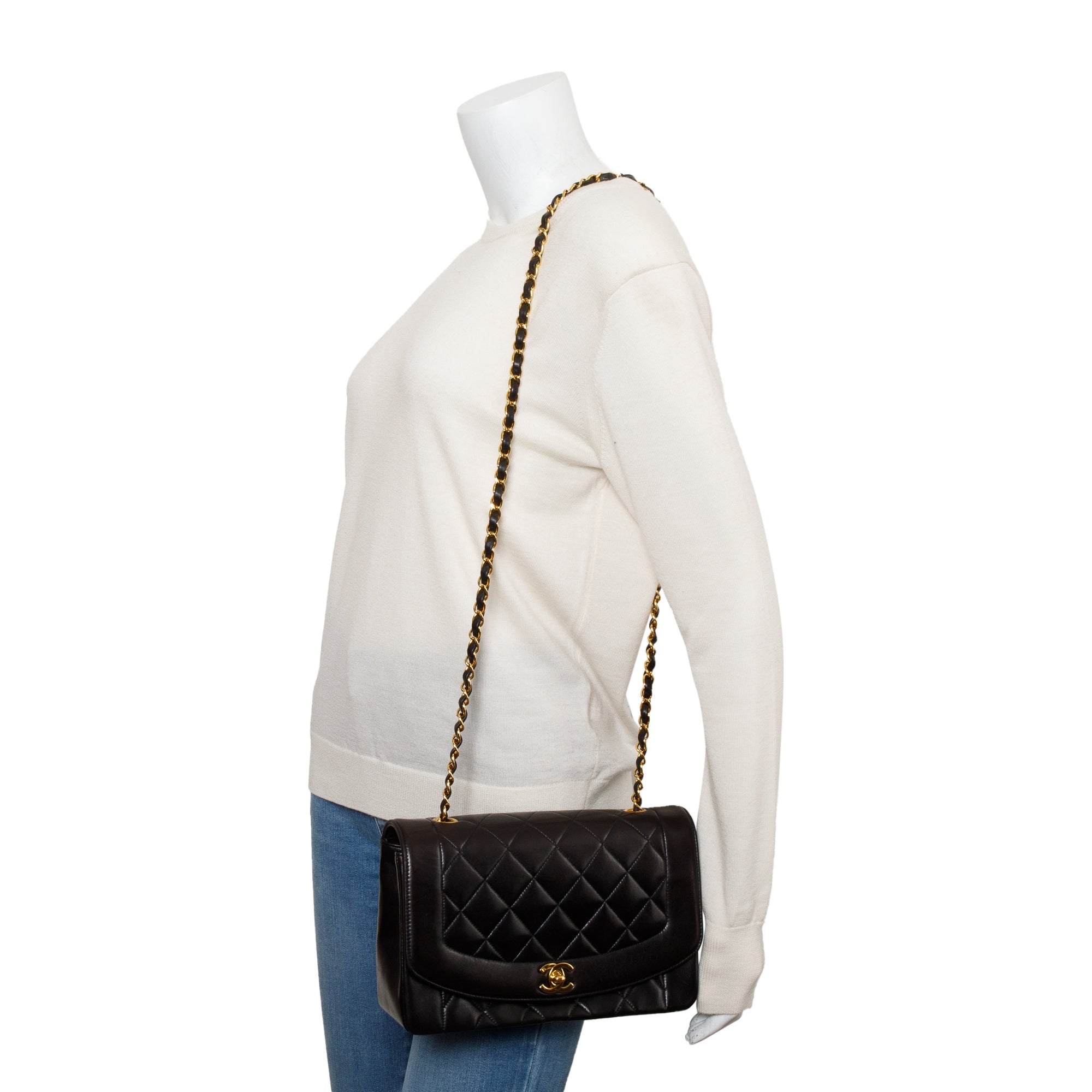 Chanel Vintage Black Lambskin Leather Medium Diana Flap Bag w/ Box & Authenticity Cart