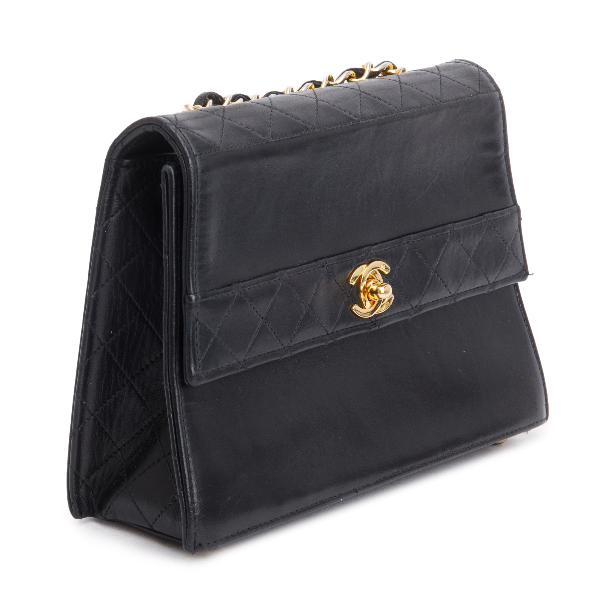 Chanel Vintage Black Lambskin Leather Trapezoid Flap Bag w/ Pouch