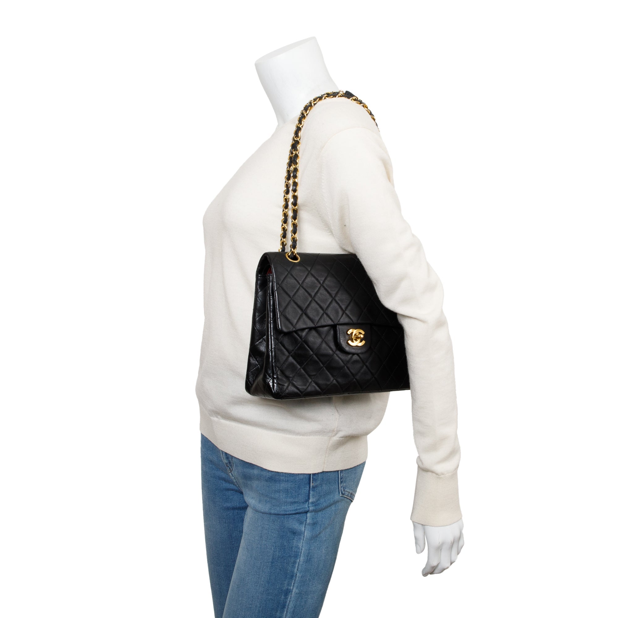Chanel Vintage Black Lamskin Leather Medium Square Double Flap Bag w/ Authenticity Card