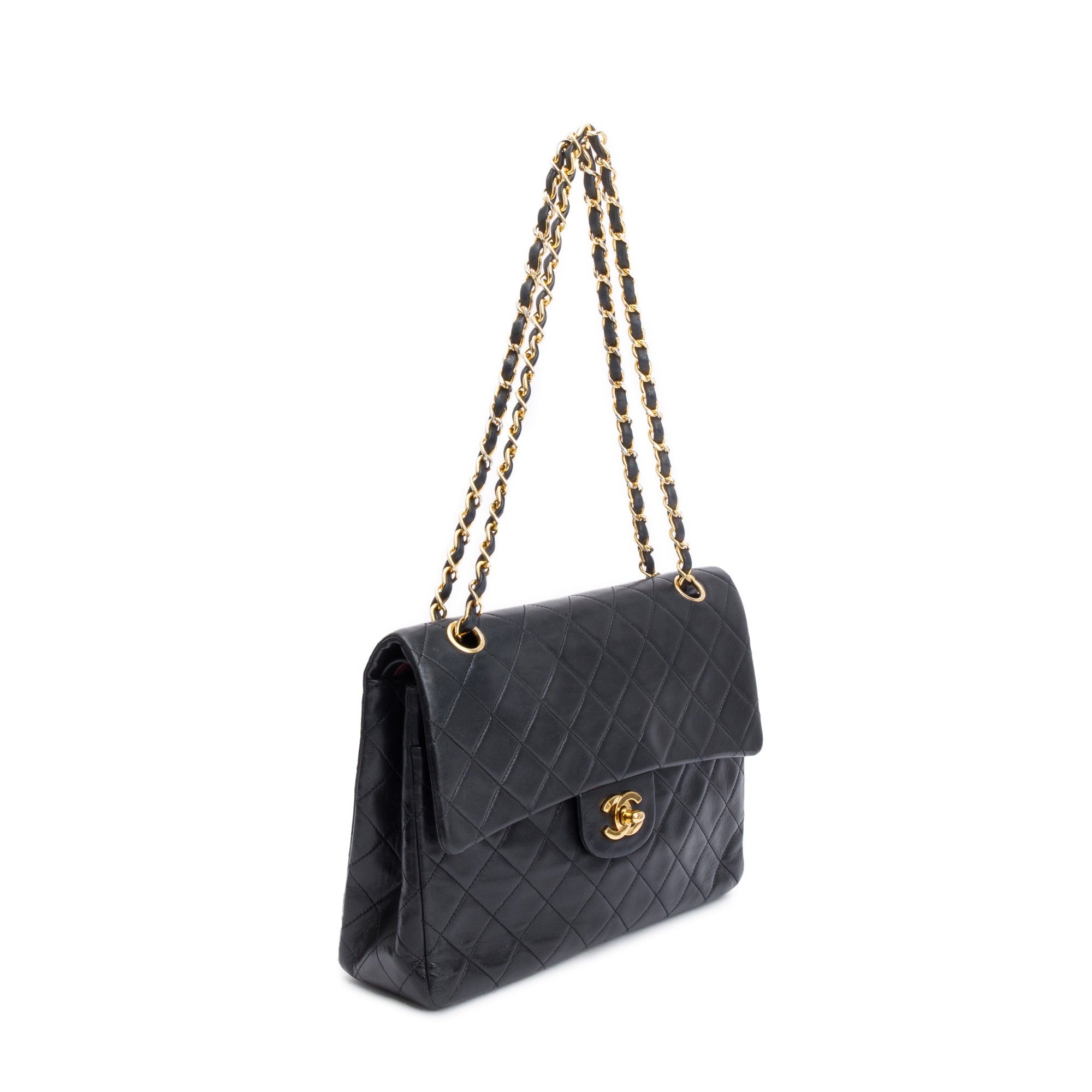 Chanel Vintage Black Lamskin Leather Medium Square Double Flap Bag w/ Authenticity Card