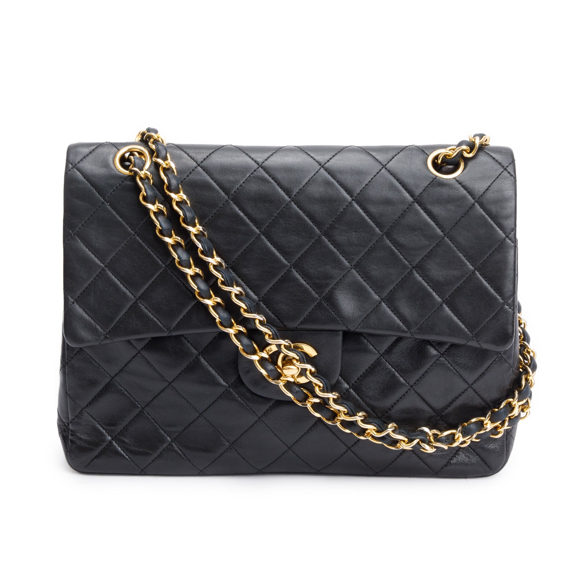 Chanel Vintage Black Lamskin Leather Medium Square Double Flap Bag w/ Authenticity Card