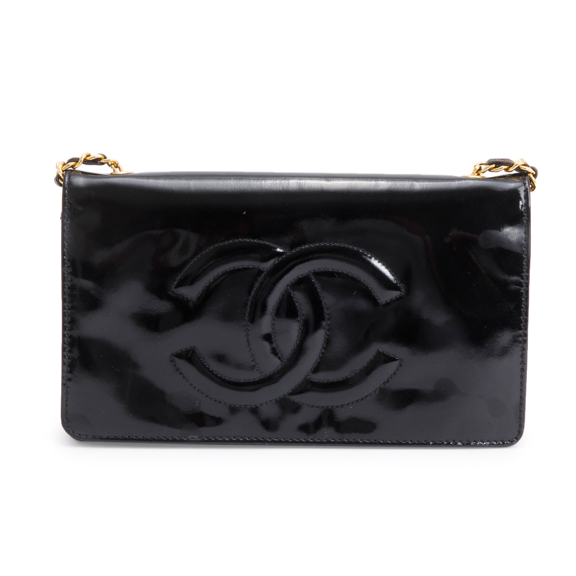 Chanel Vintage Black Patent Leather Timeless Wallet on Chain w/ Authenticity Card