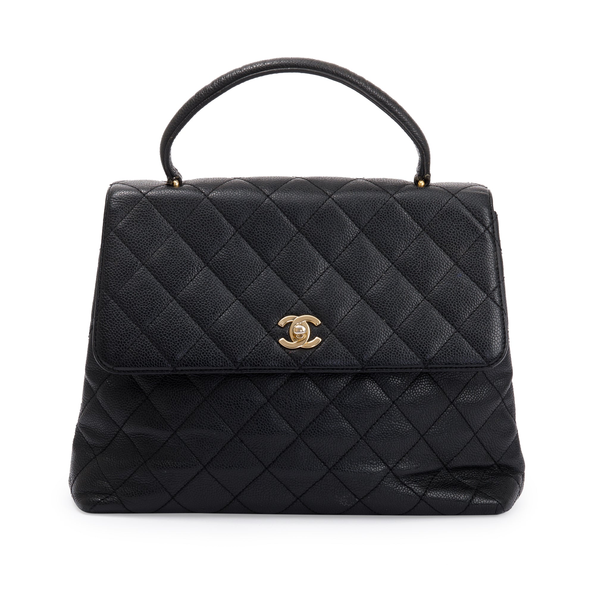 Chanel Vintage Black Quilted Caviar Leather Large Kelly Top Handle Bag