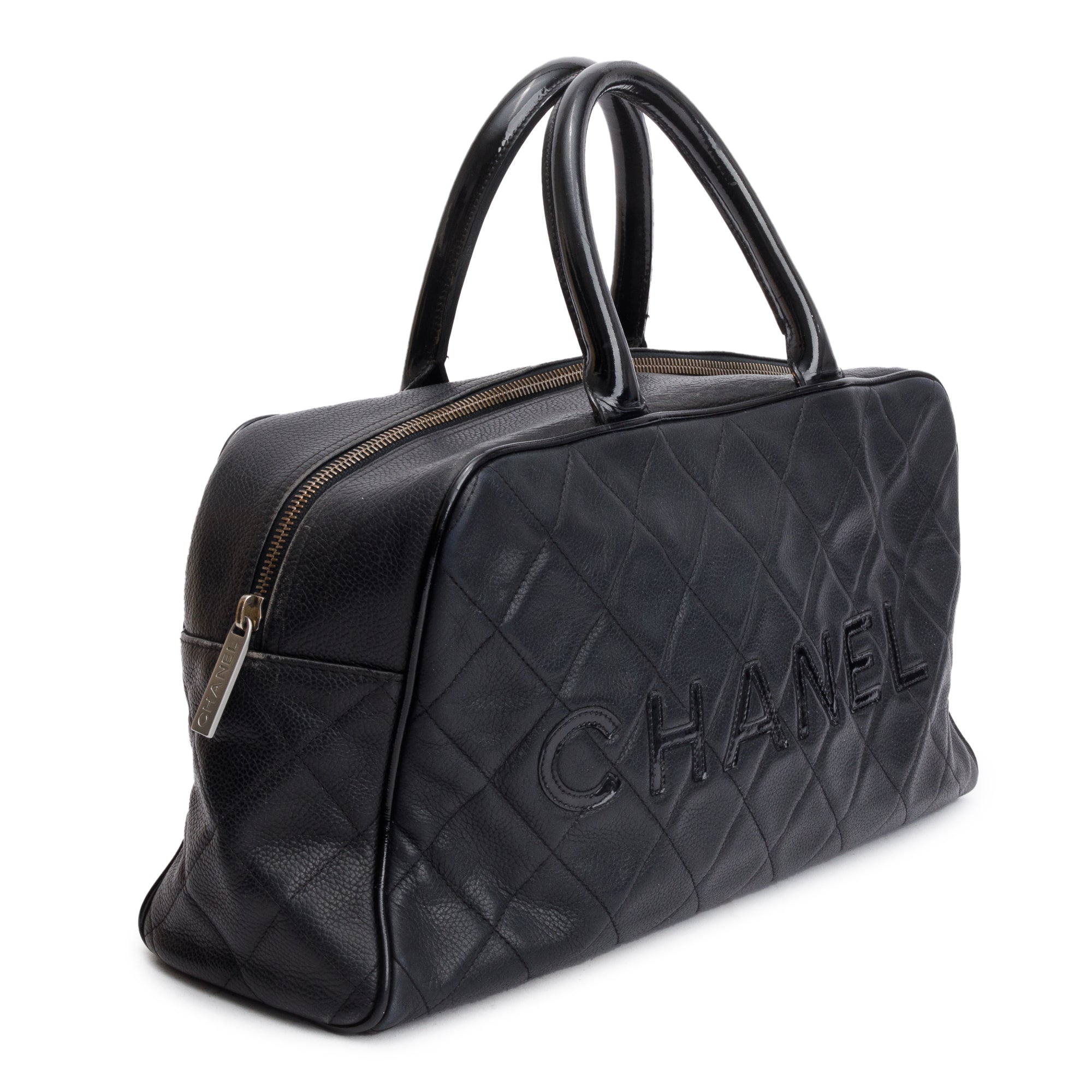 Chanel Vintage Black Quilted Caviar Leather Large Logo Bowler Bag