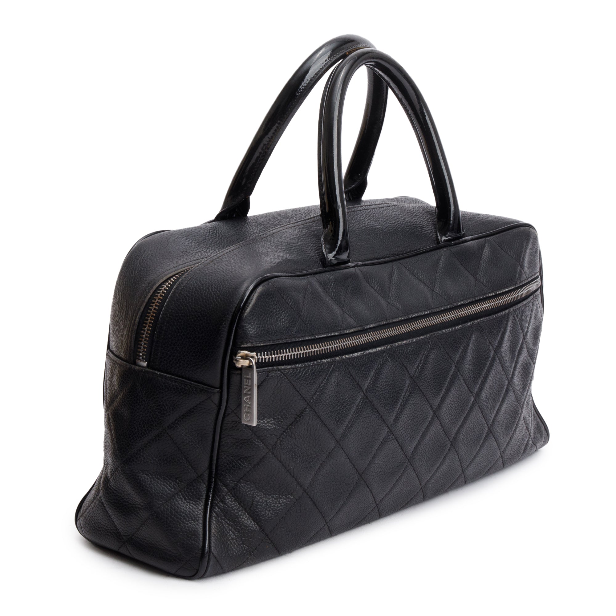 Chanel Vintage Black Quilted Caviar Leather Large Logo Bowler Bag