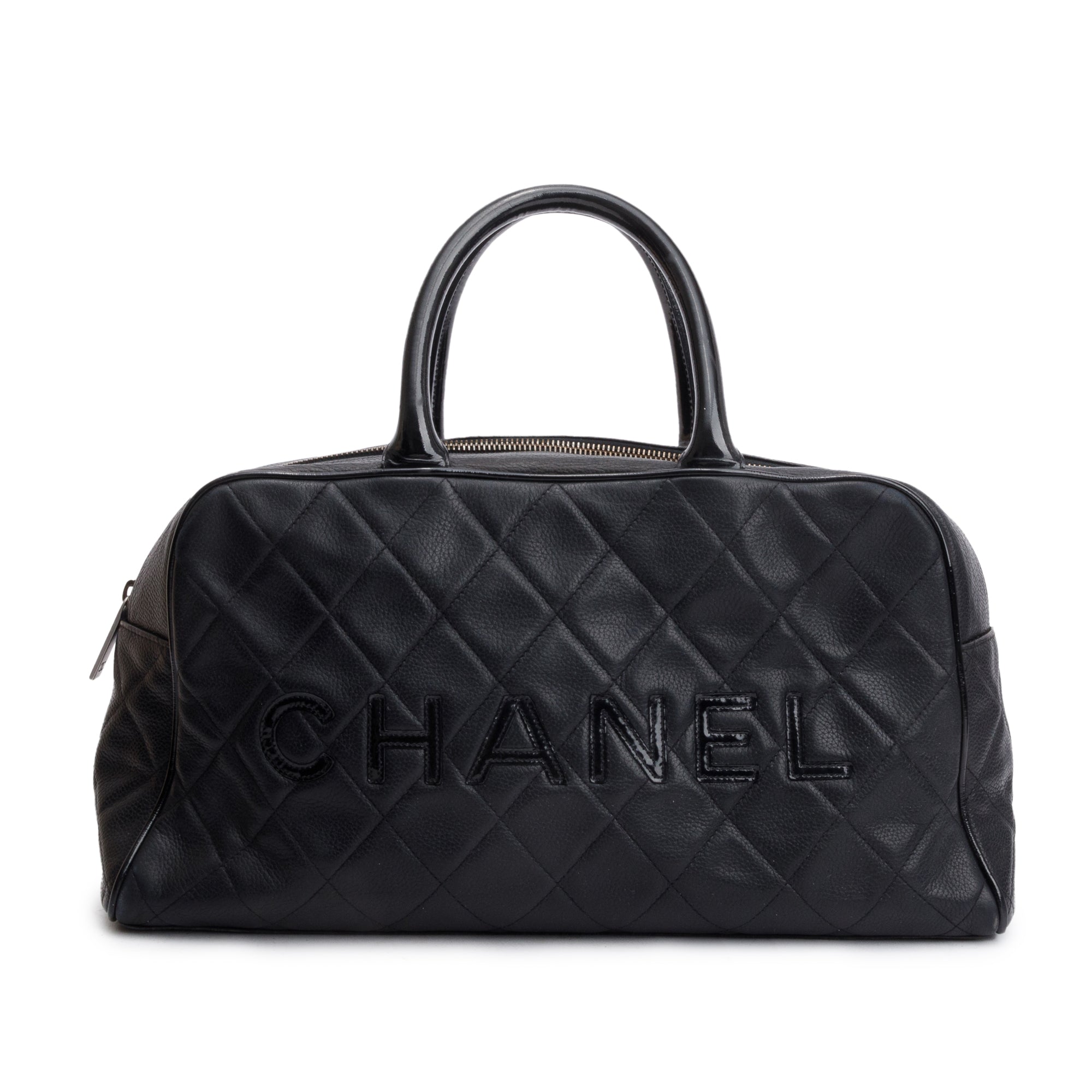 Chanel Vintage Black Quilted Caviar Leather Large Logo Bowler Bag