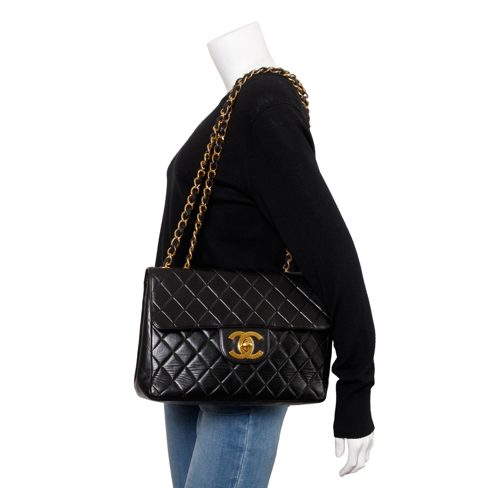 Chanel Vintage Black Quilted Lambskin Classic Jumbo Single Flap Bag