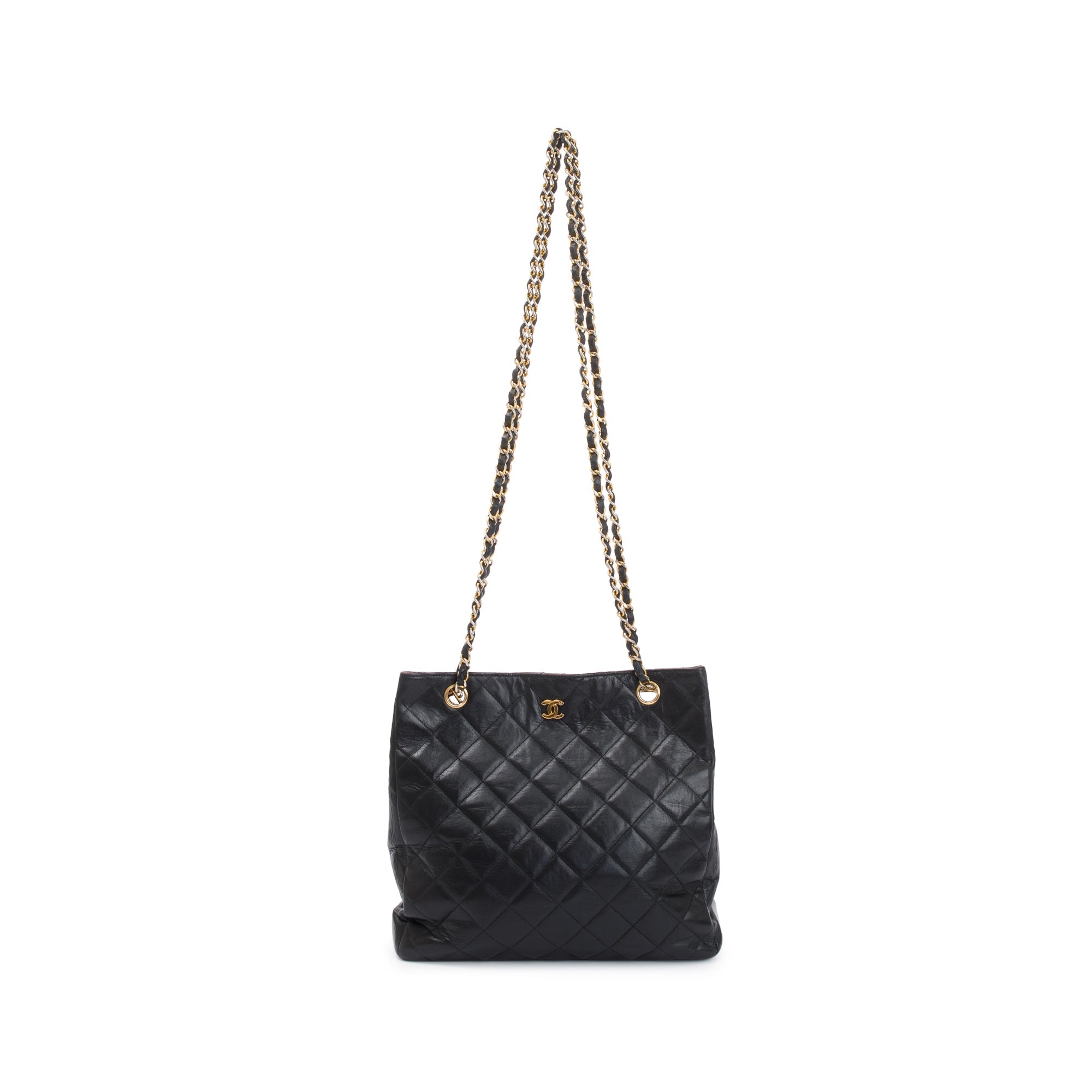 Chanel Vintage Black Quilted Lambskin Leather CC Shopping Tote