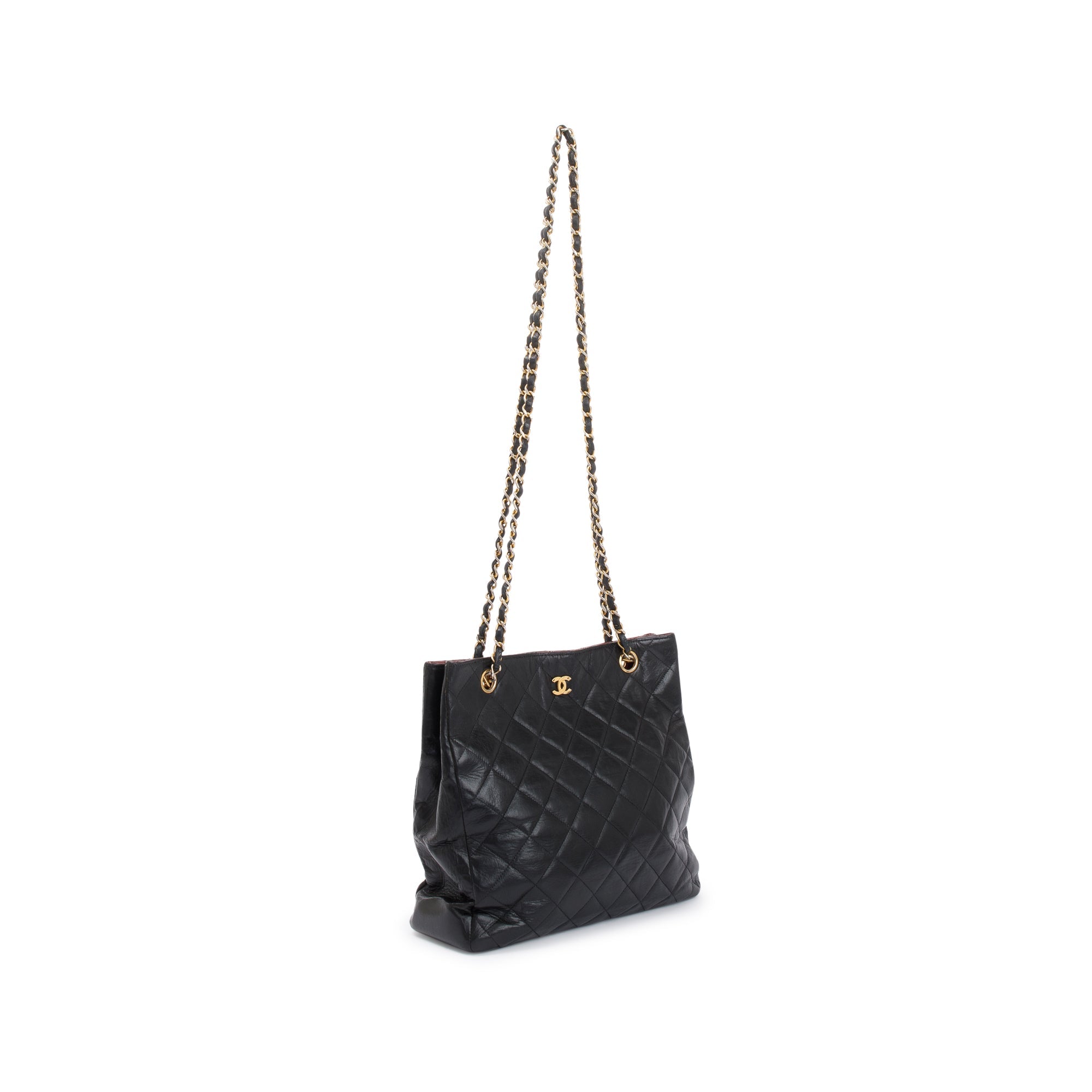Chanel Vintage Black Quilted Lambskin Leather CC Shopping Tote