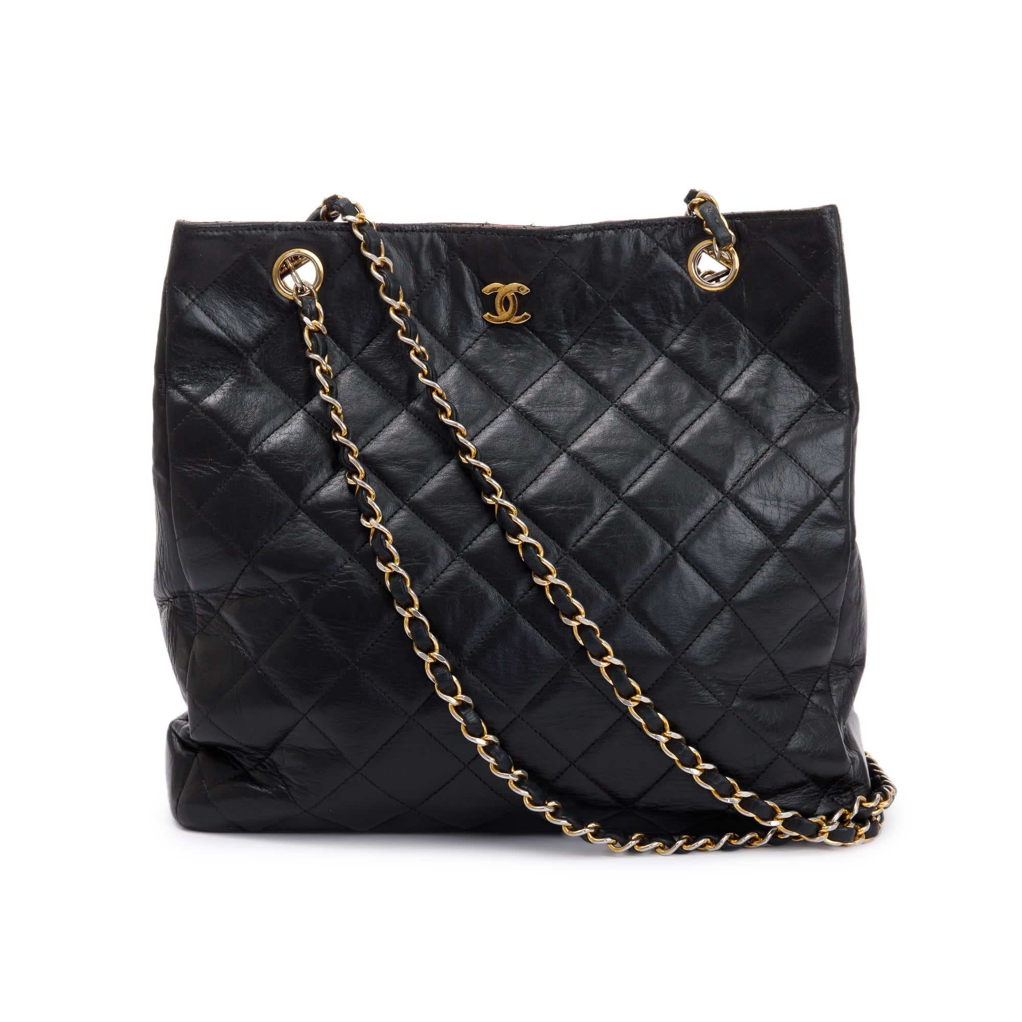 Chanel Vintage Black Quilted Lambskin Leather CC Shopping