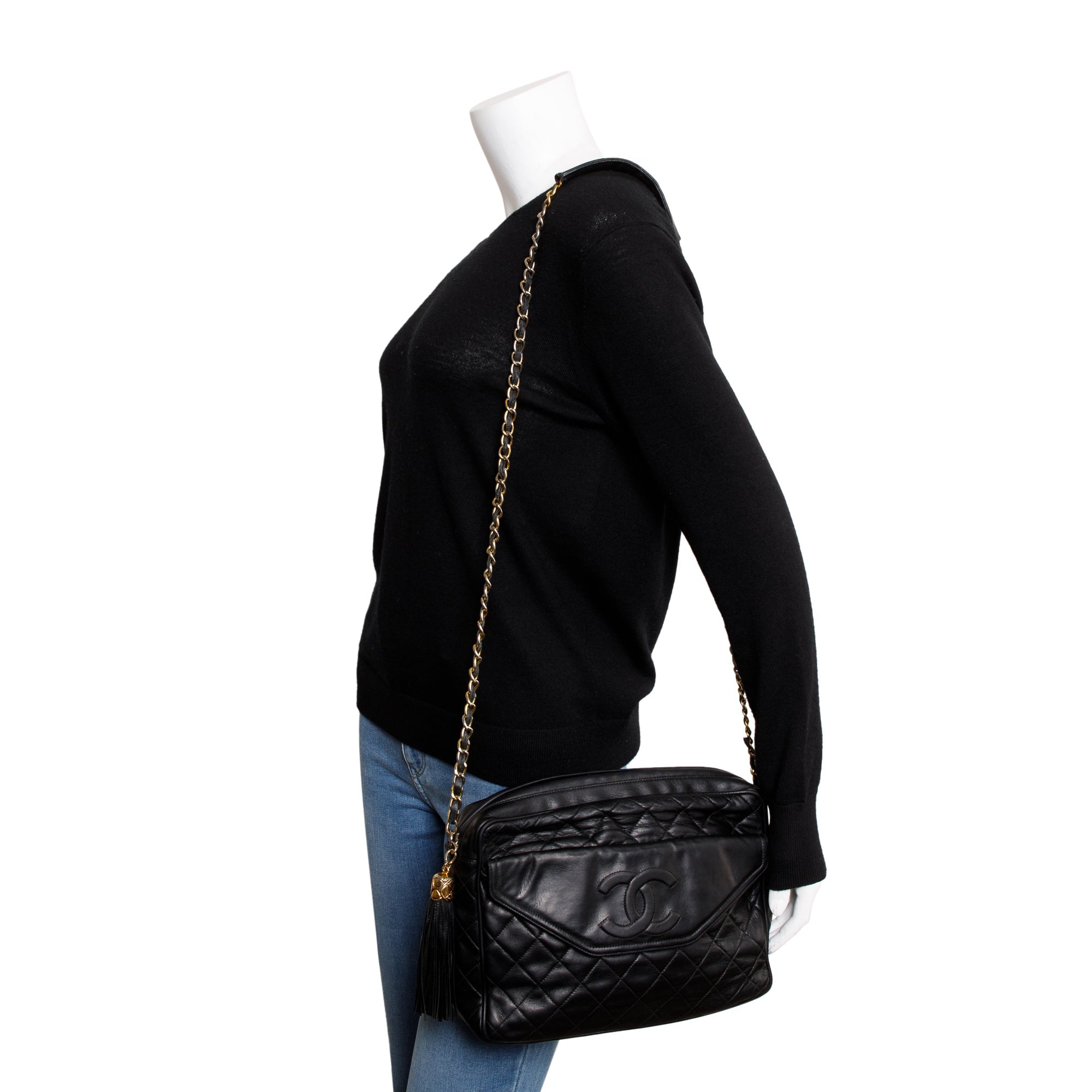 Chanel Vintage Black Quilted Lambskin Leather CC Tassel Camera Bag