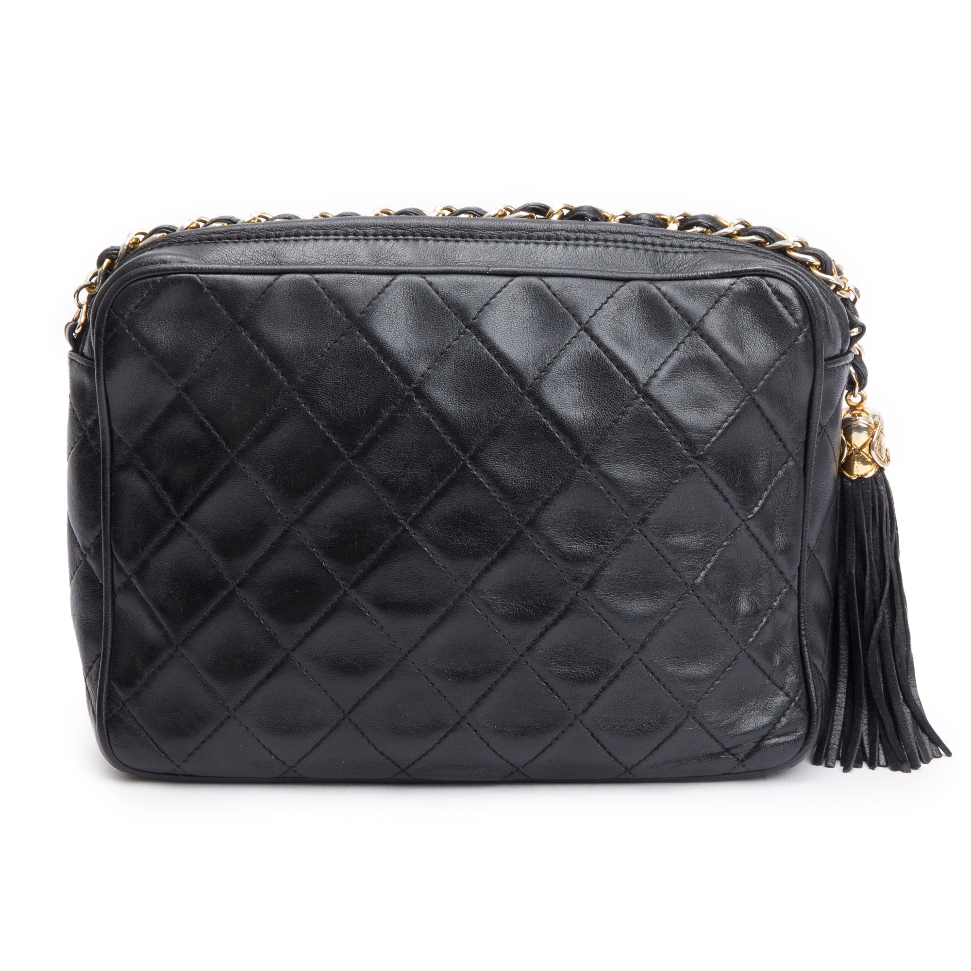 Chanel Vintage Black Quilted Lambskin Leather CC Tassel Camera Bag w/ Authenticity Card