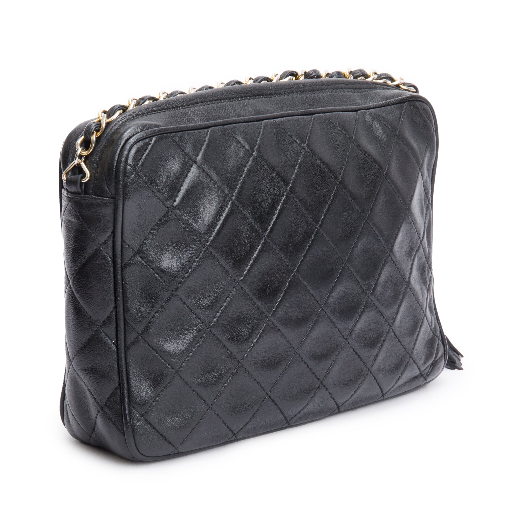 Chanel Vintage Black Quilted Lambskin Leather CC Tassel Camera Bag w/ Authenticity Card