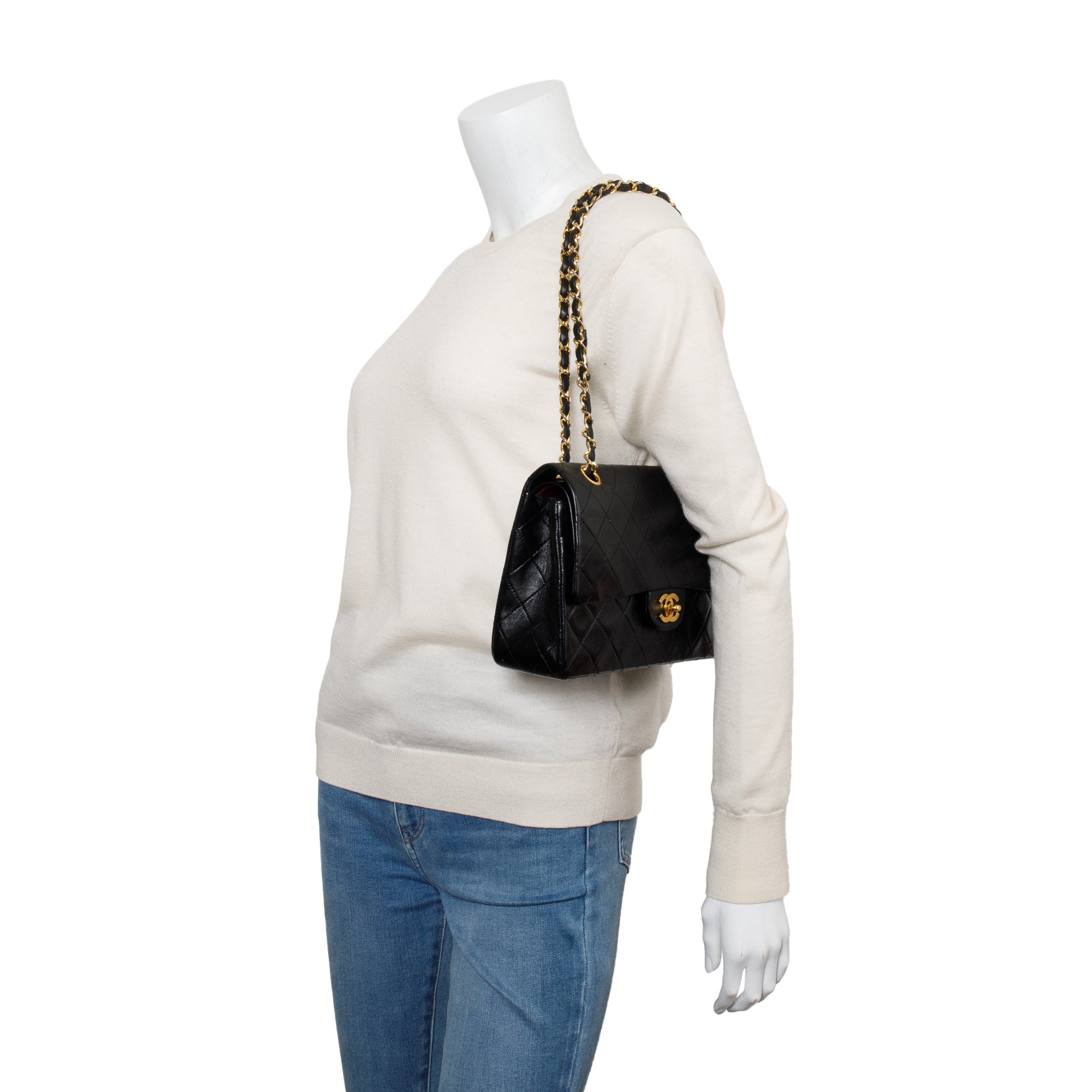 Chanel Vintage Black Quilted Lambskin Leather Classic Medium Double Flap Bag w/ Box