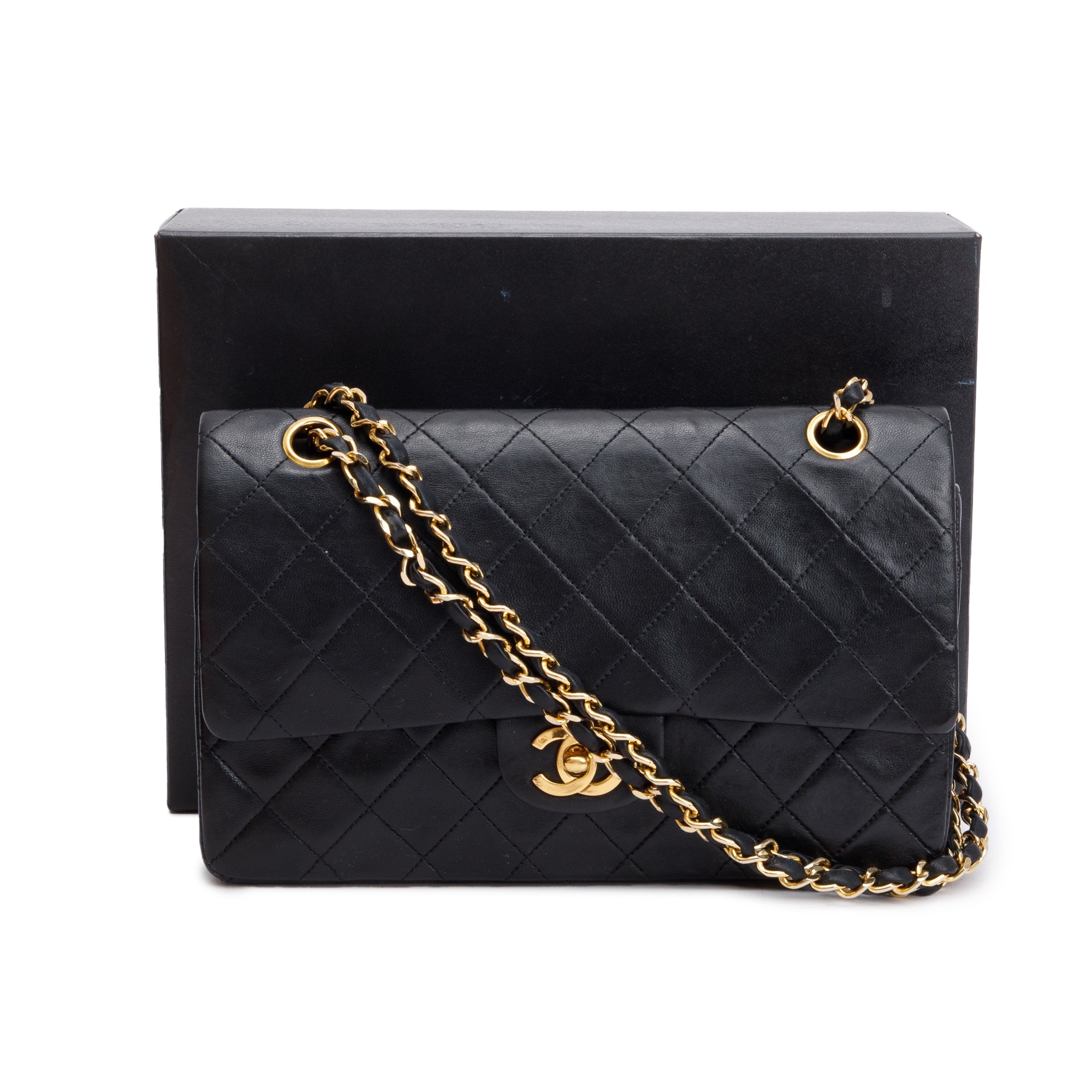 Chanel Vintage Black Quilted Lambskin Leather Classic Medium Double Flap Bag w/ Box