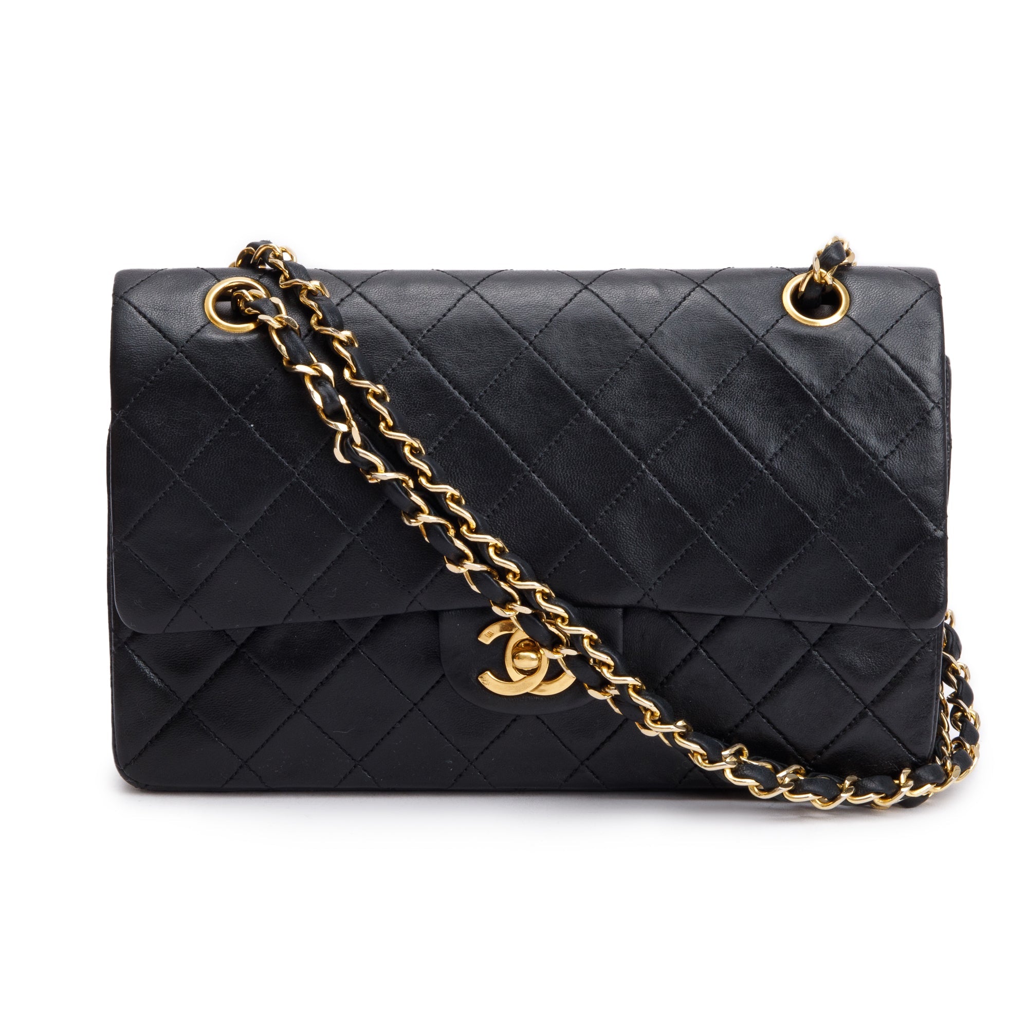 Chanel Vintage Black Quilted Lambskin Leather Classic Medium Double Flap Bag w/ Box