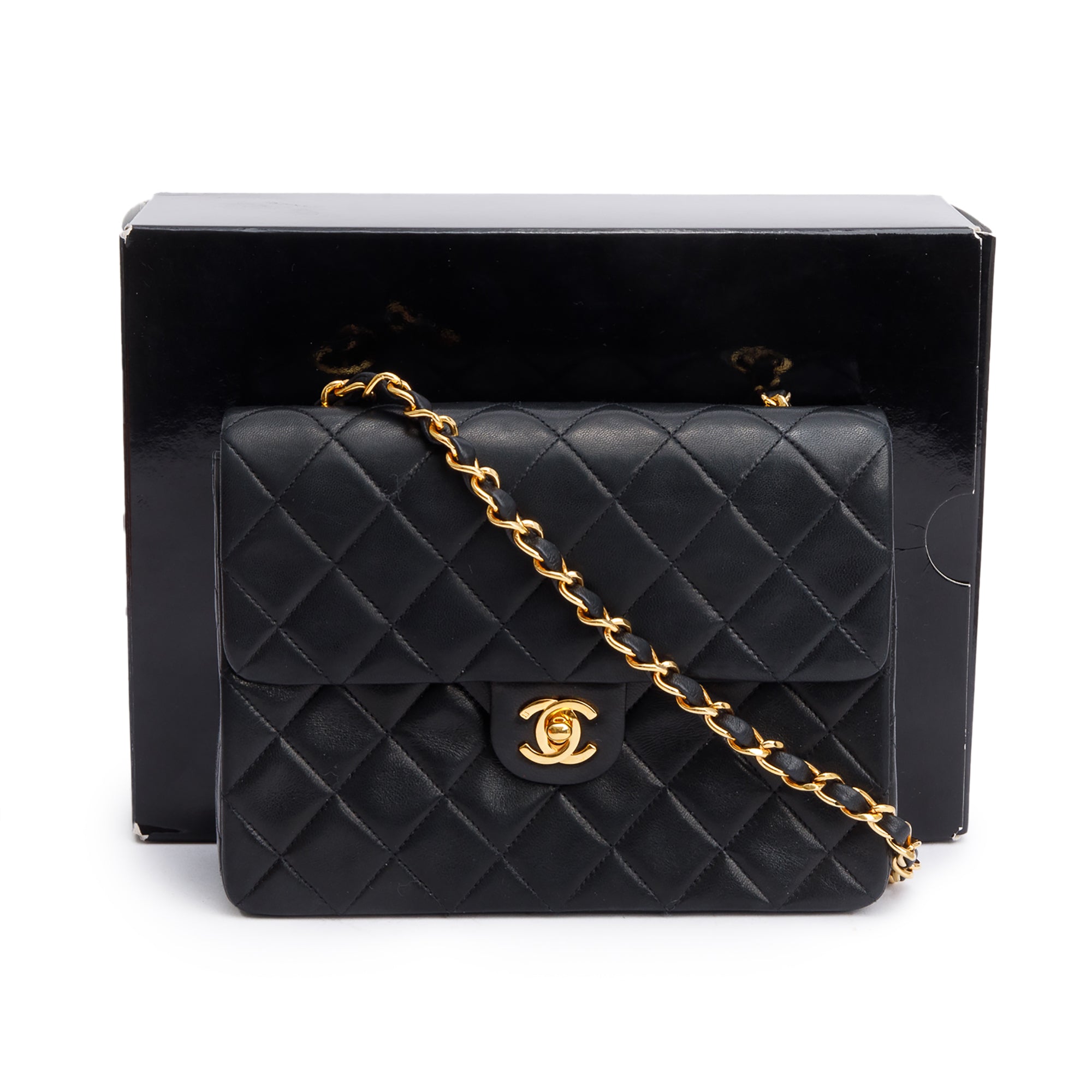 Chanel Vintage Black Quilted Lambskin Leather Small Square Single Flap Bag w/ Box
