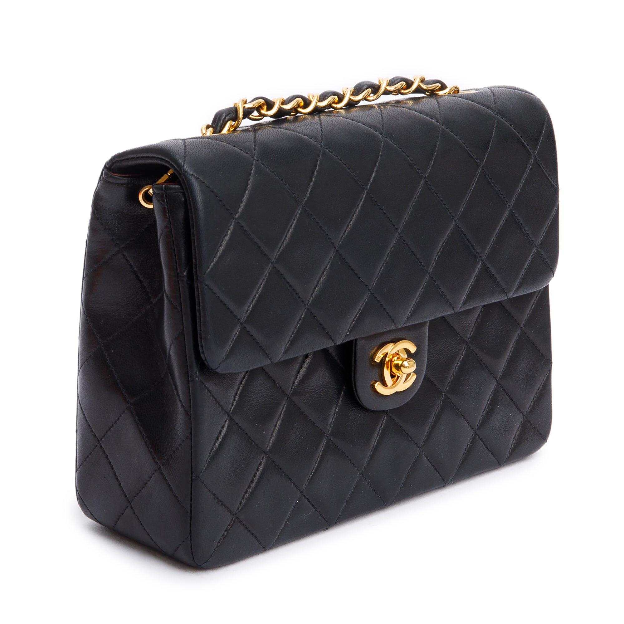 Chanel Vintage Black Quilted Lambskin Leather Small Square Single Flap Bag w/ Box