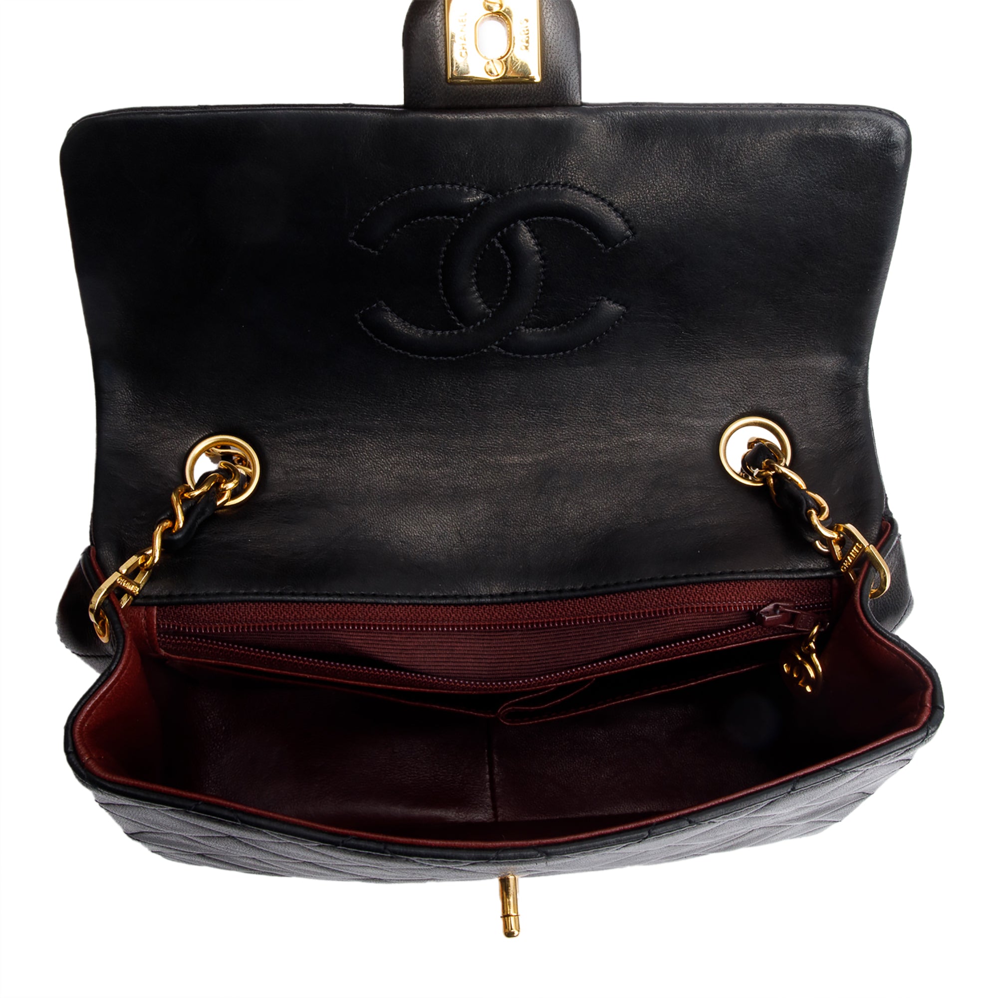 Chanel Vintage Black Quilted Lambskin Leather Small Square Single Flap Bag w/ Box