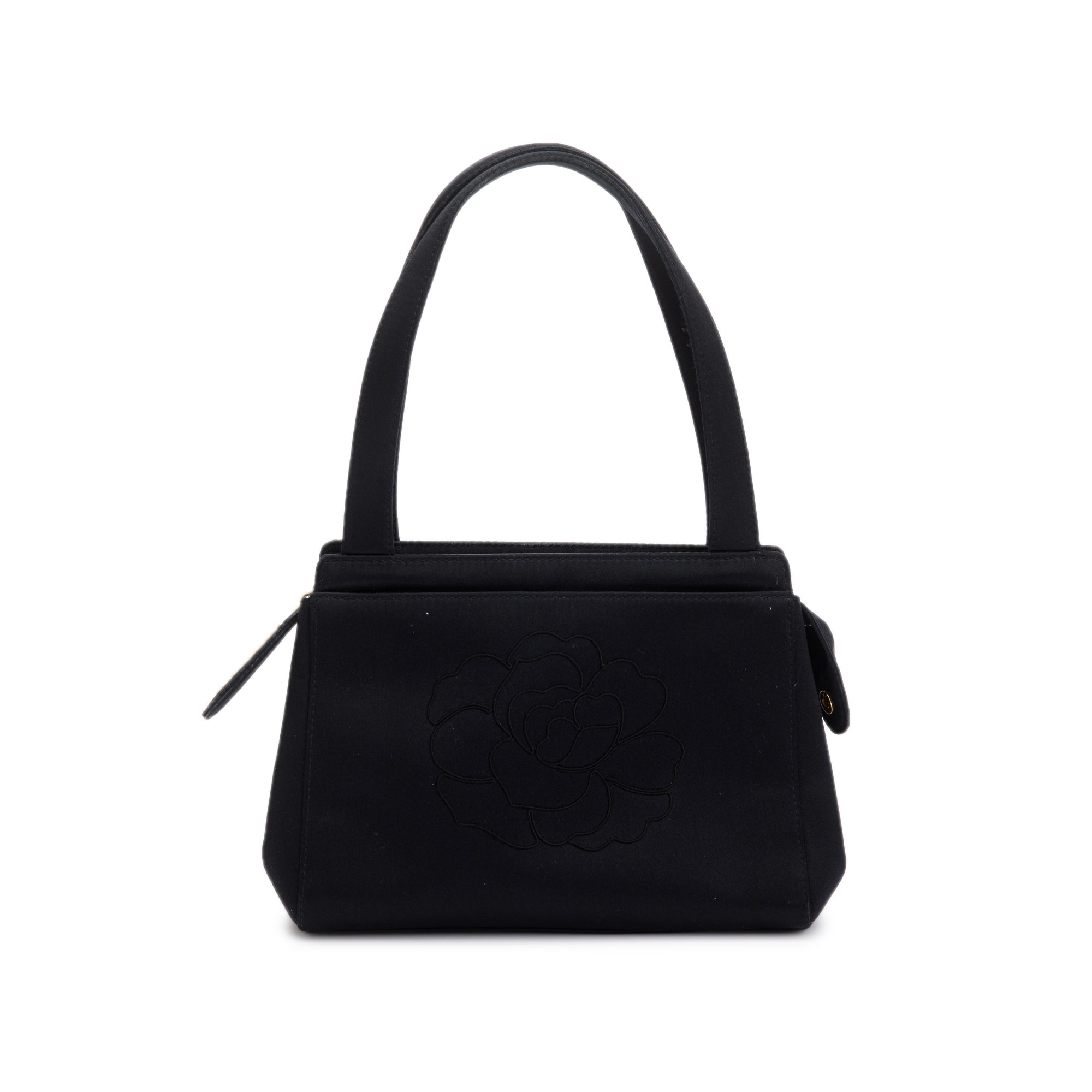 Chanel Vintage Black Satin Camelia Top Handle Bag w/ Authenticity Card