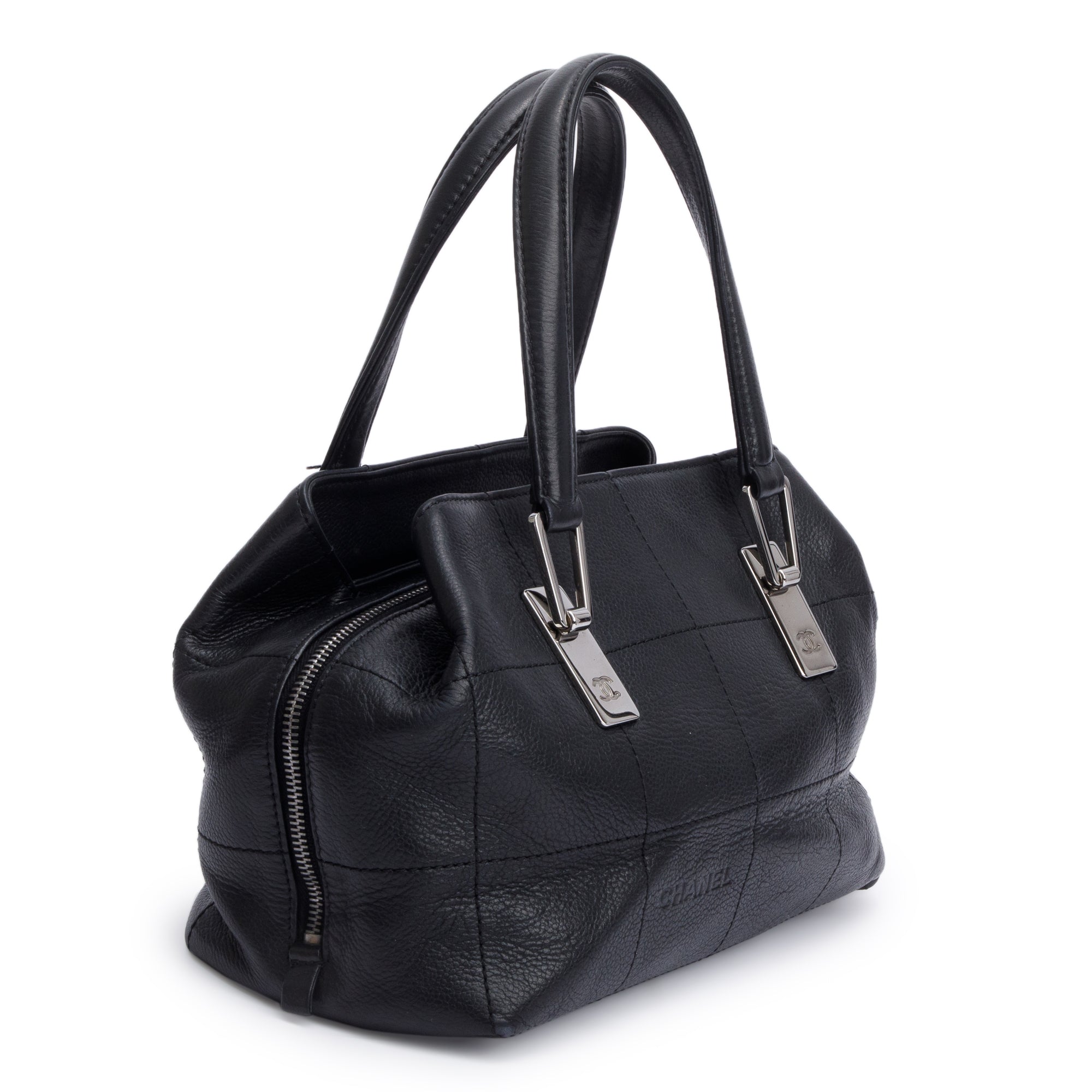 Chanel Vintage Black Square Quilted Leather CC Logo Boston Bag