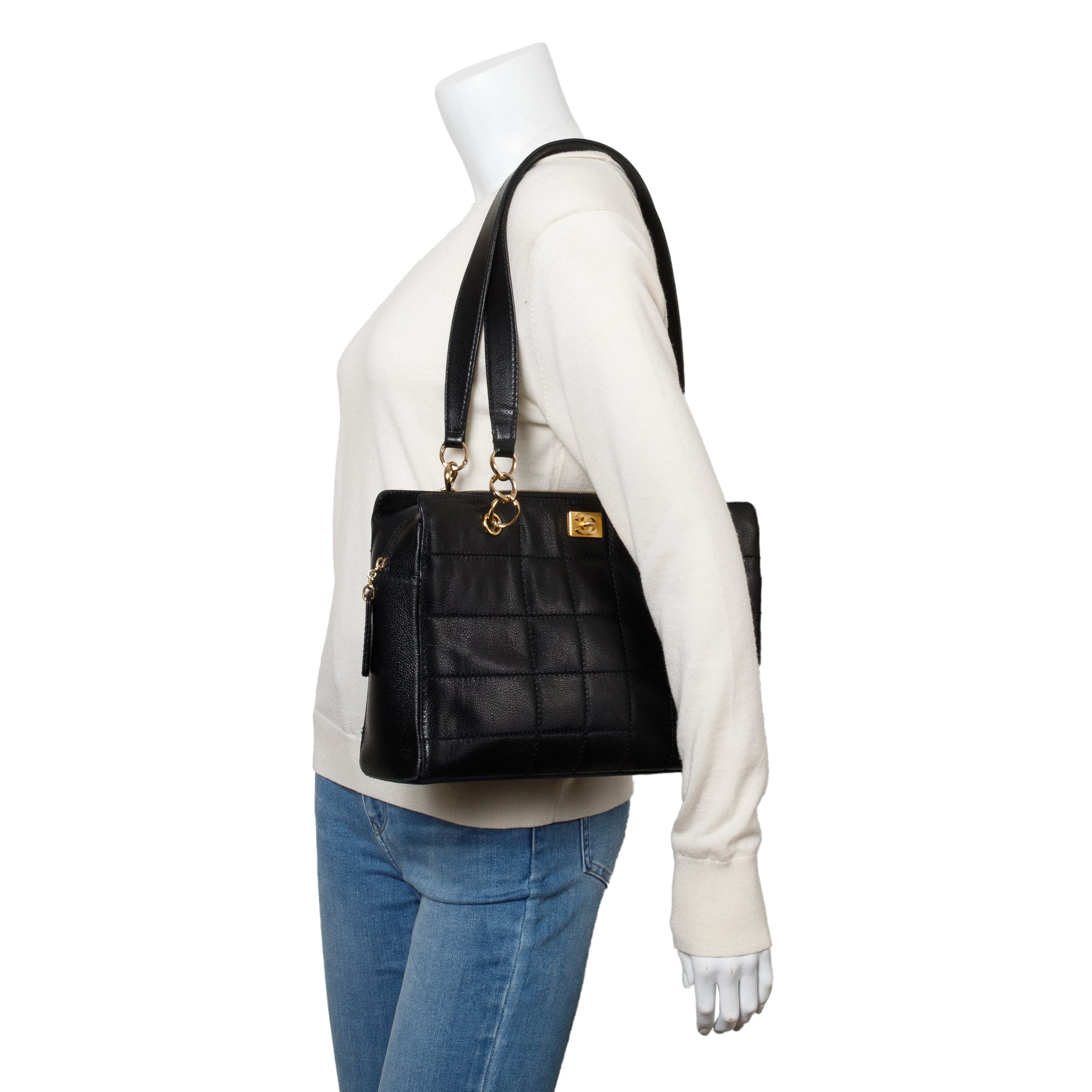 Chanel Vintage Black Stitched Chocolate Bar Quilted Caviar Leather Zip Tote