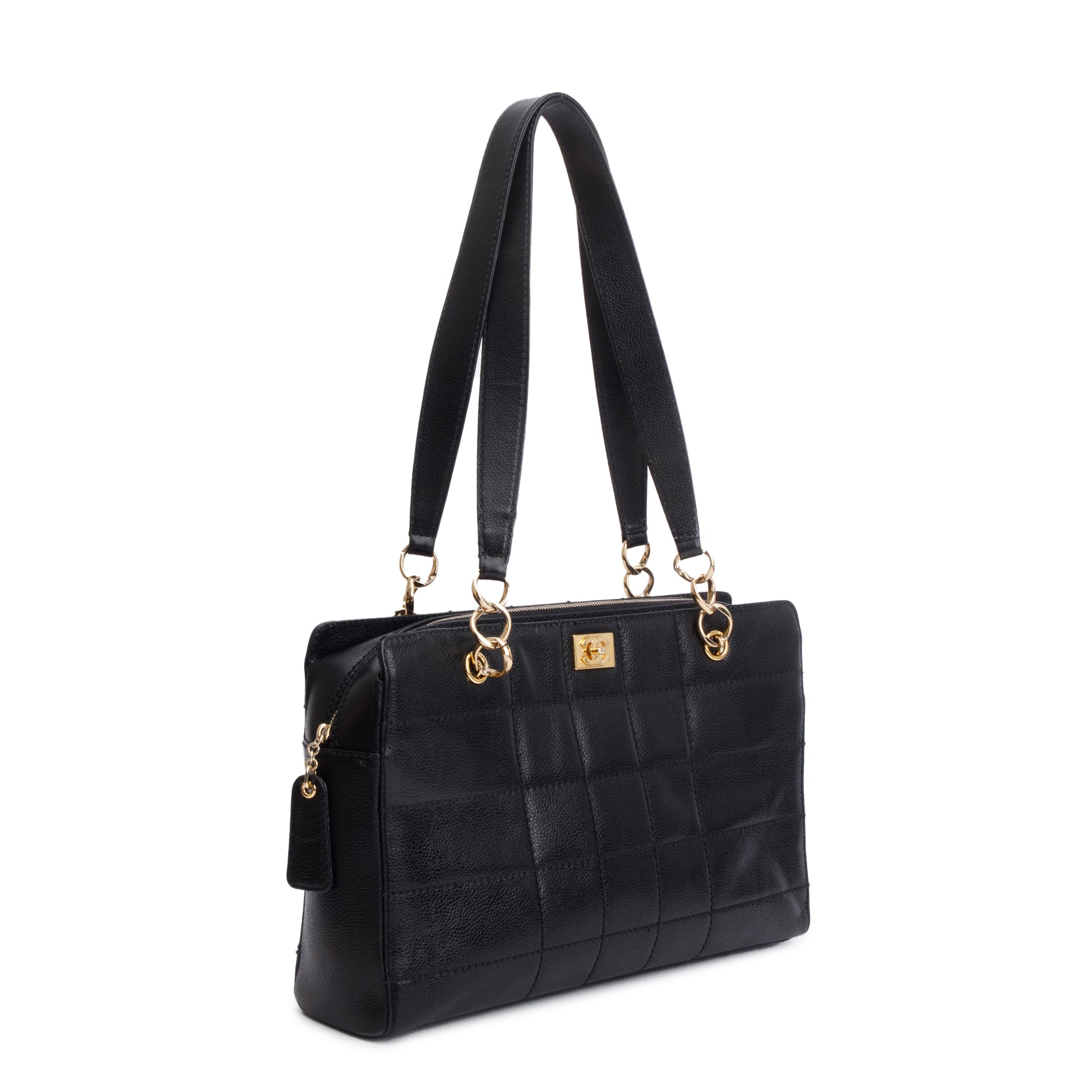 Chanel Vintage Black Stitched Chocolate Bar Quilted Caviar Leather Zip Tote