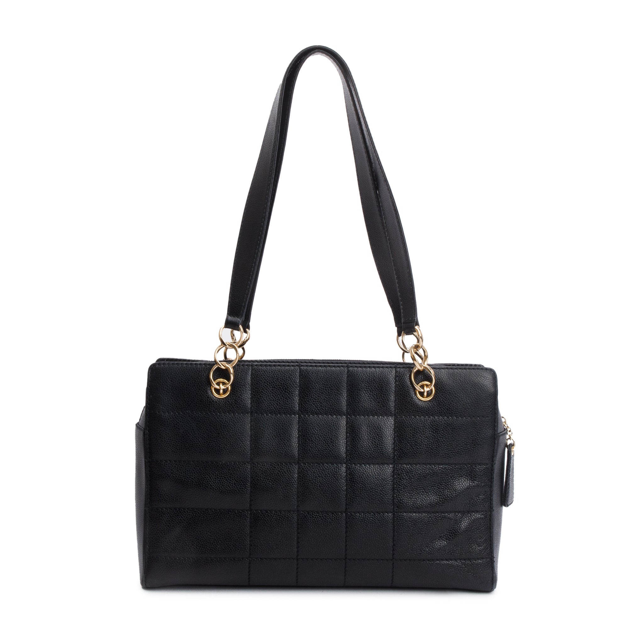 Chanel Vintage Black Stitched Chocolate Bar Quilted Caviar Leather Zip Tote