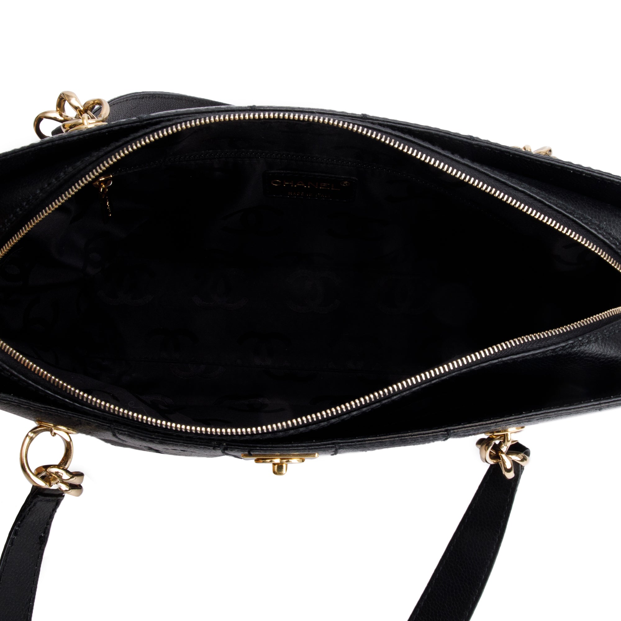 Chanel Vintage Black Stitched Chocolate Bar Quilted Caviar Leather Zip Tote
