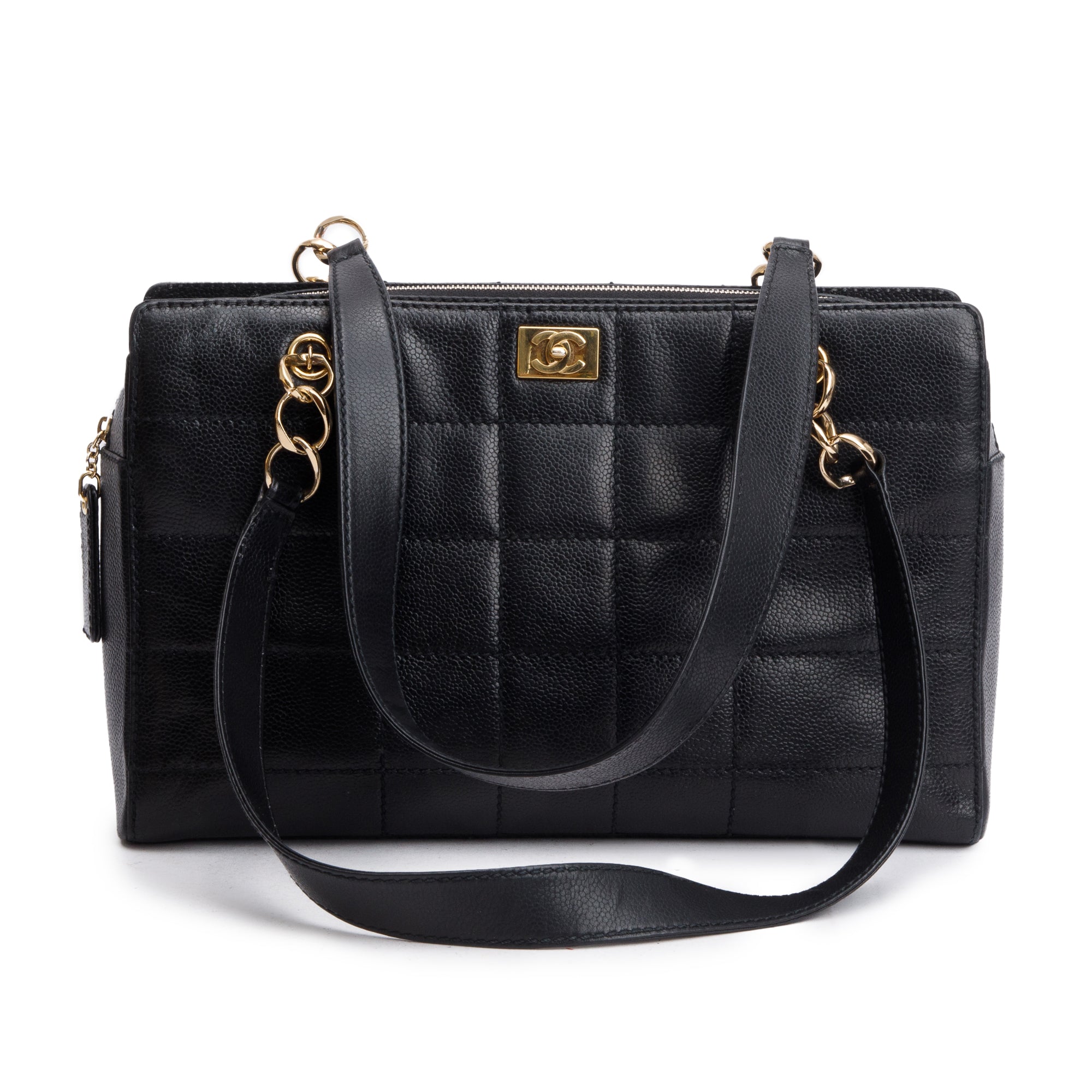 Chanel Vintage Black Stitched Chocolate Bar Quilted Caviar Leather Zip Tote