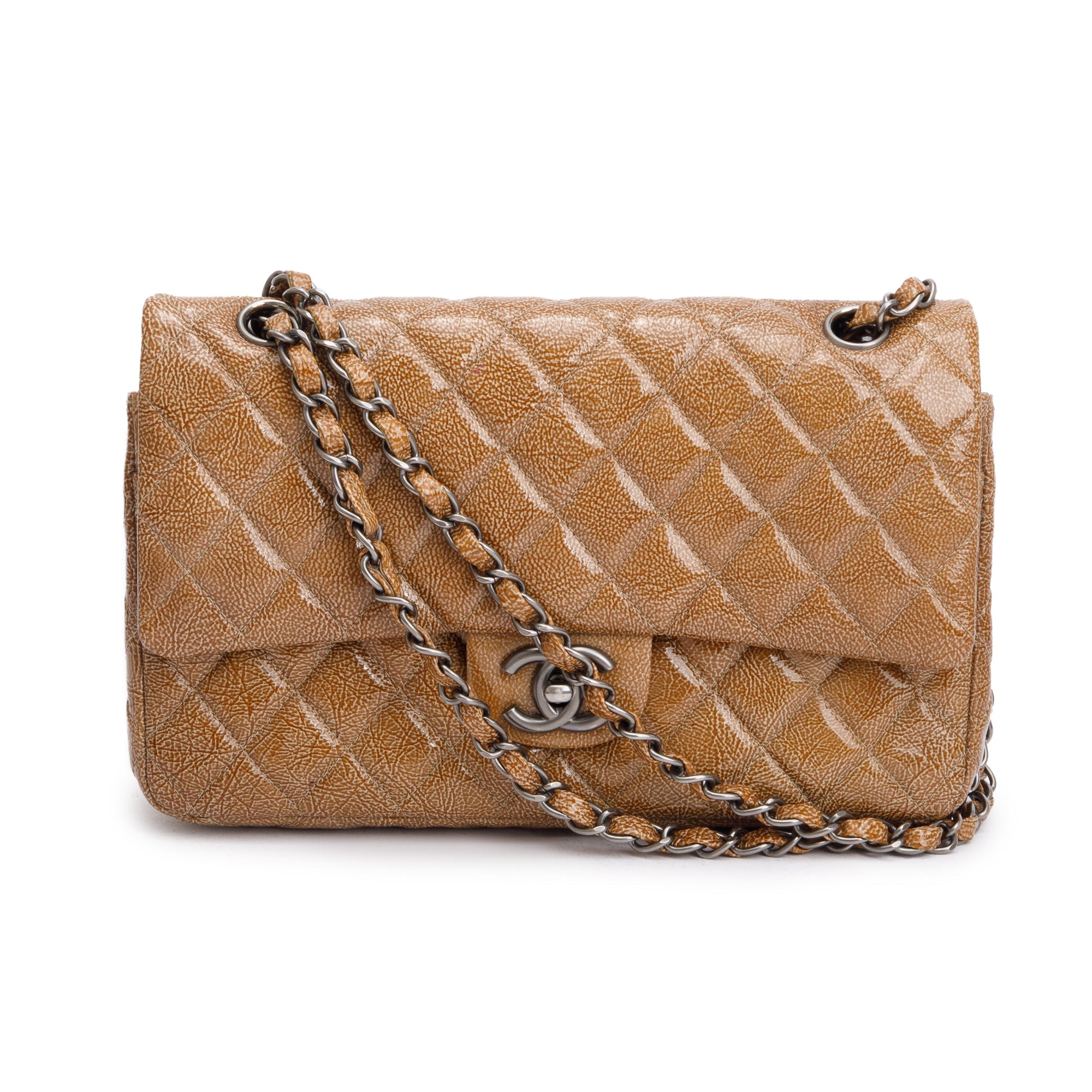 Chanel Vintage Brown Crinkled Patent Leather Classic Medium Double Flap Bag