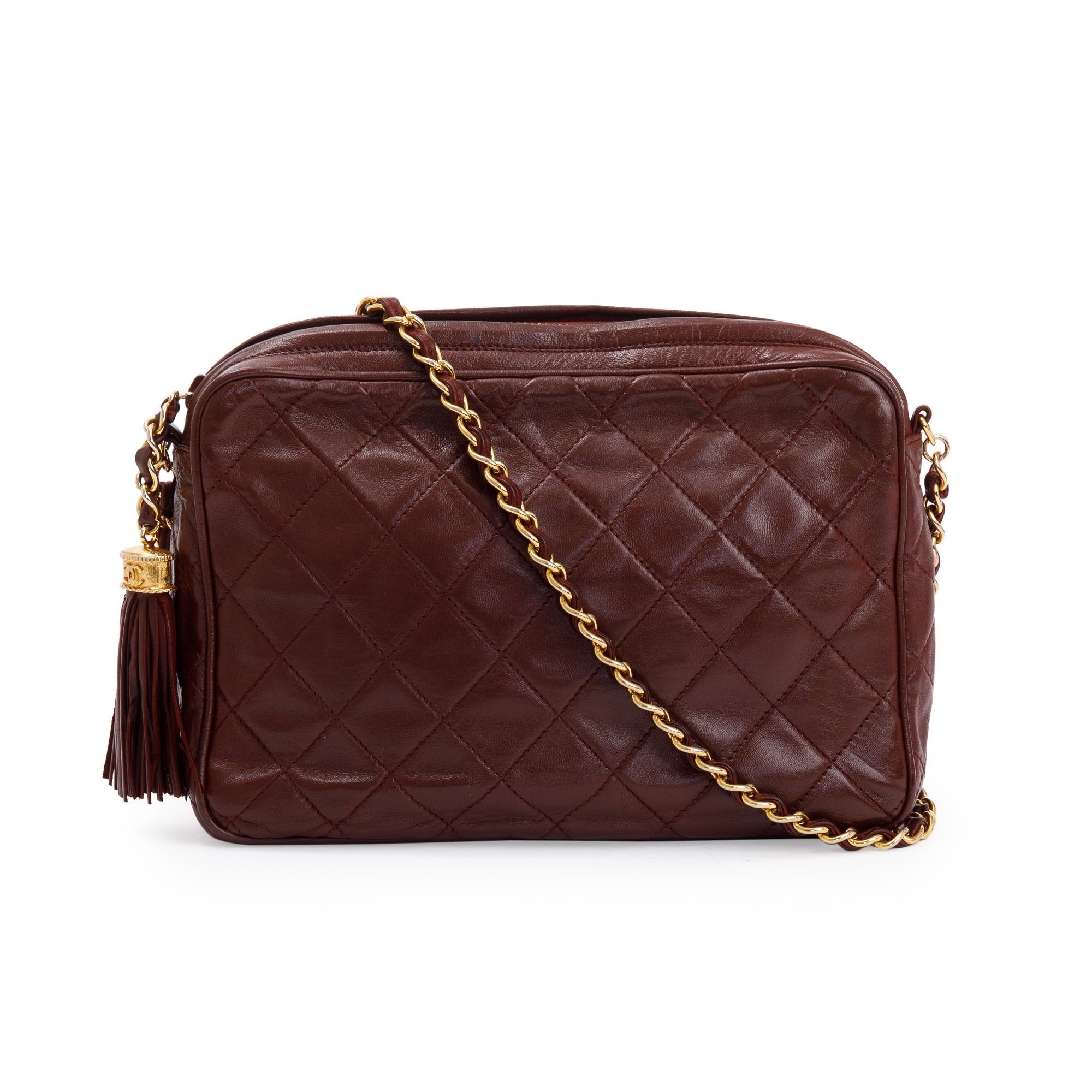 Chanel Vintage Burgundy Quilted Calfskin Leather Tassel Camera Bag