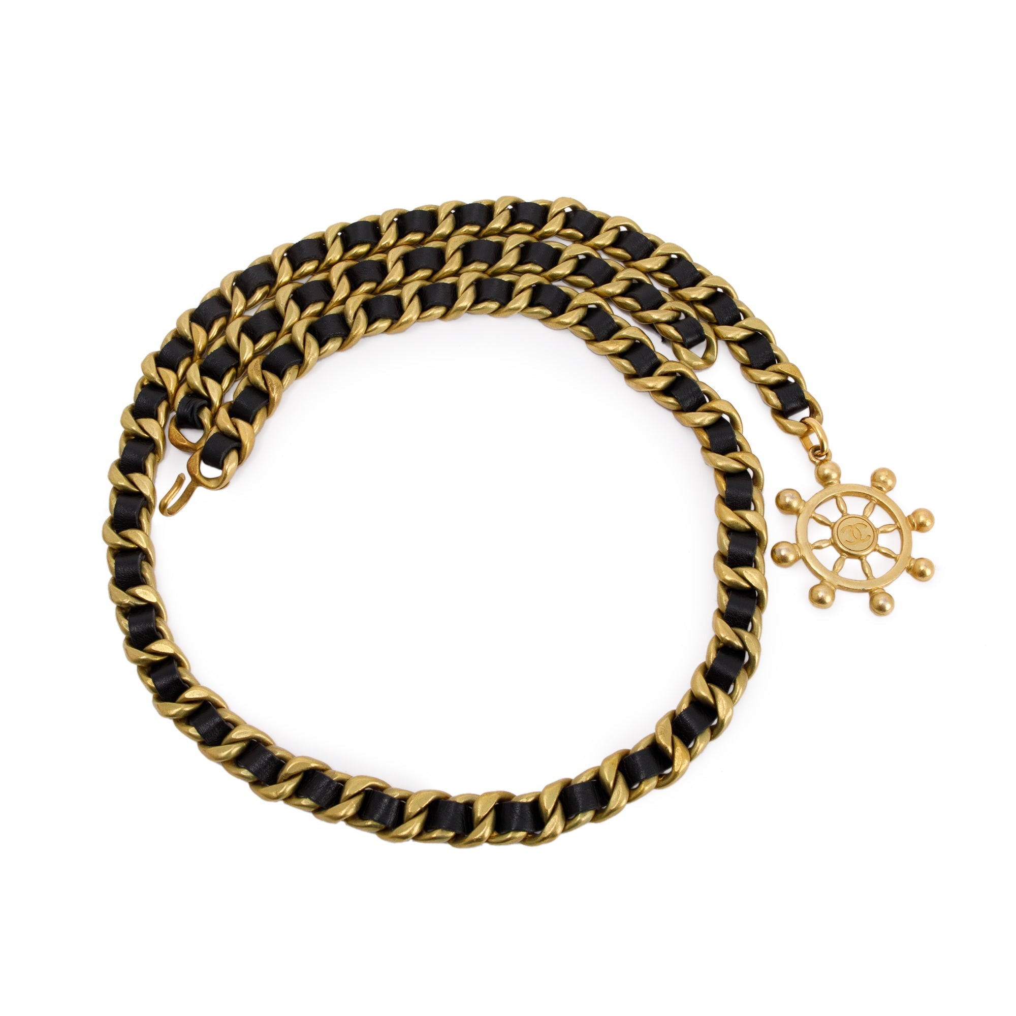 Chanel Vintage CC Ship Wheel Chain-Link & Leather Belt w