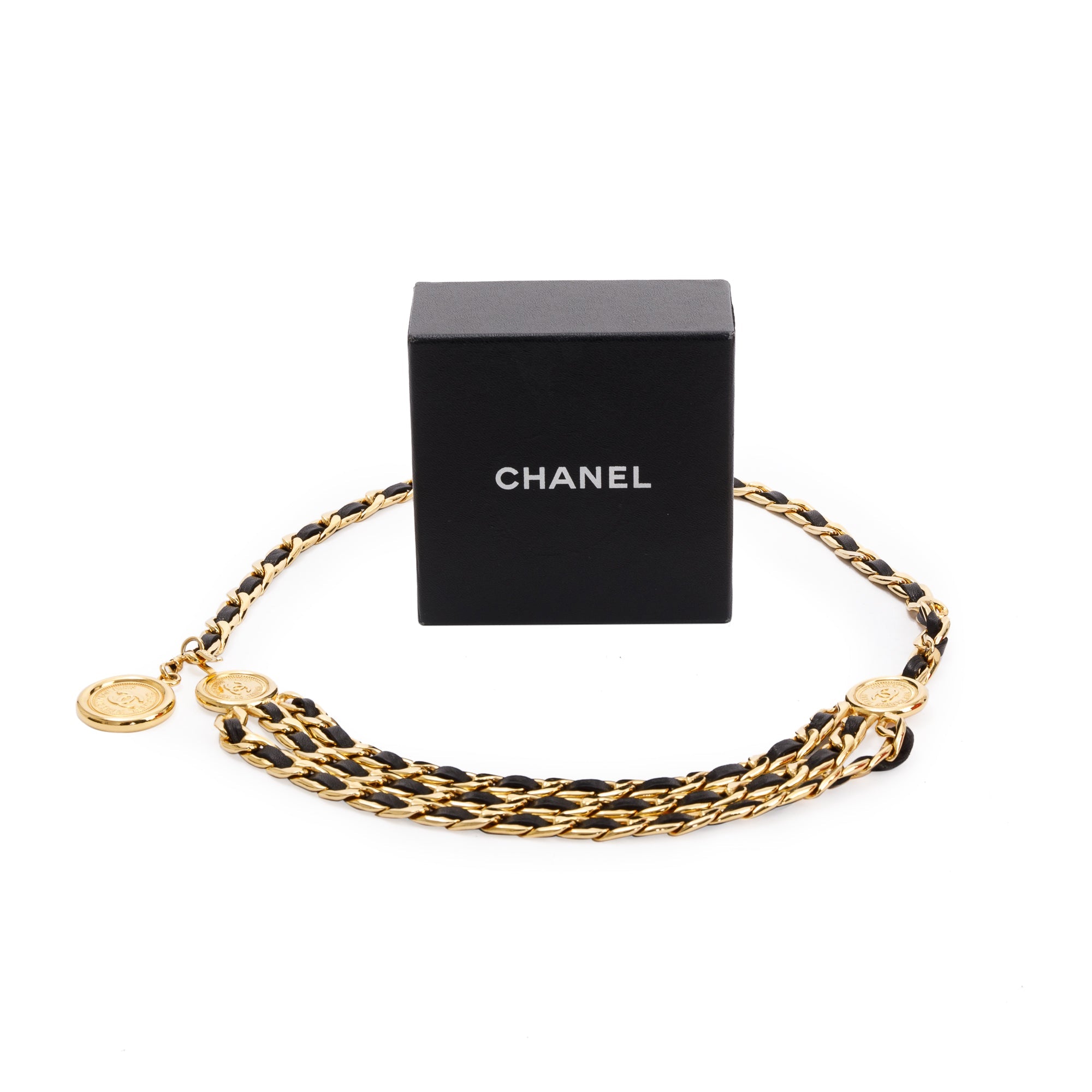 Chanel Vintage Chain-Link & Leather Interlocking CC Logo Waist Belt w/ Box